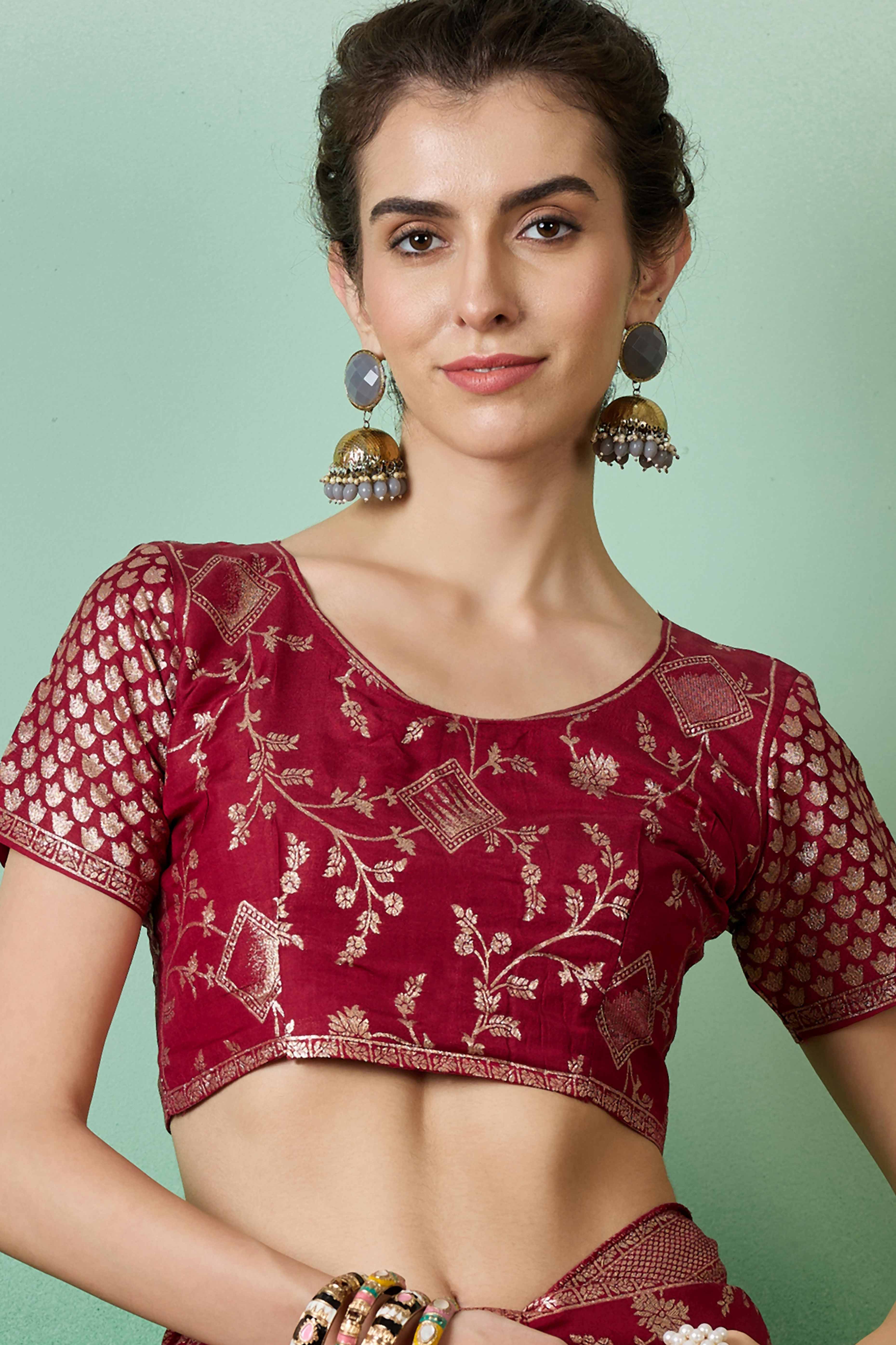 Maroon Cotton Blend Saree With Intricate Floral Zari Weaving & Soft Tassel