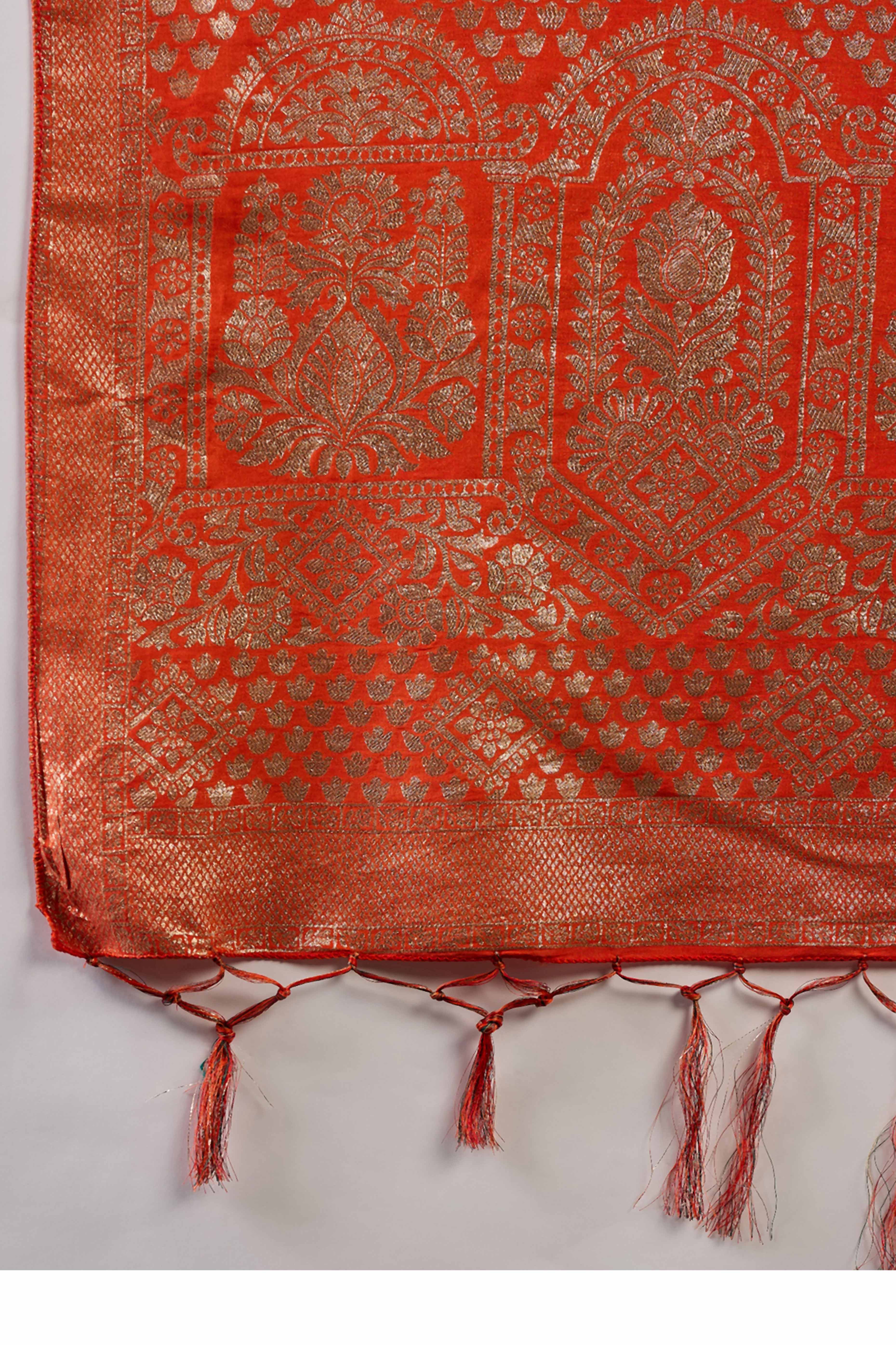 Orange Cotton Blend Saree With Intricate Floral Zari Weaving & Soft Tassel