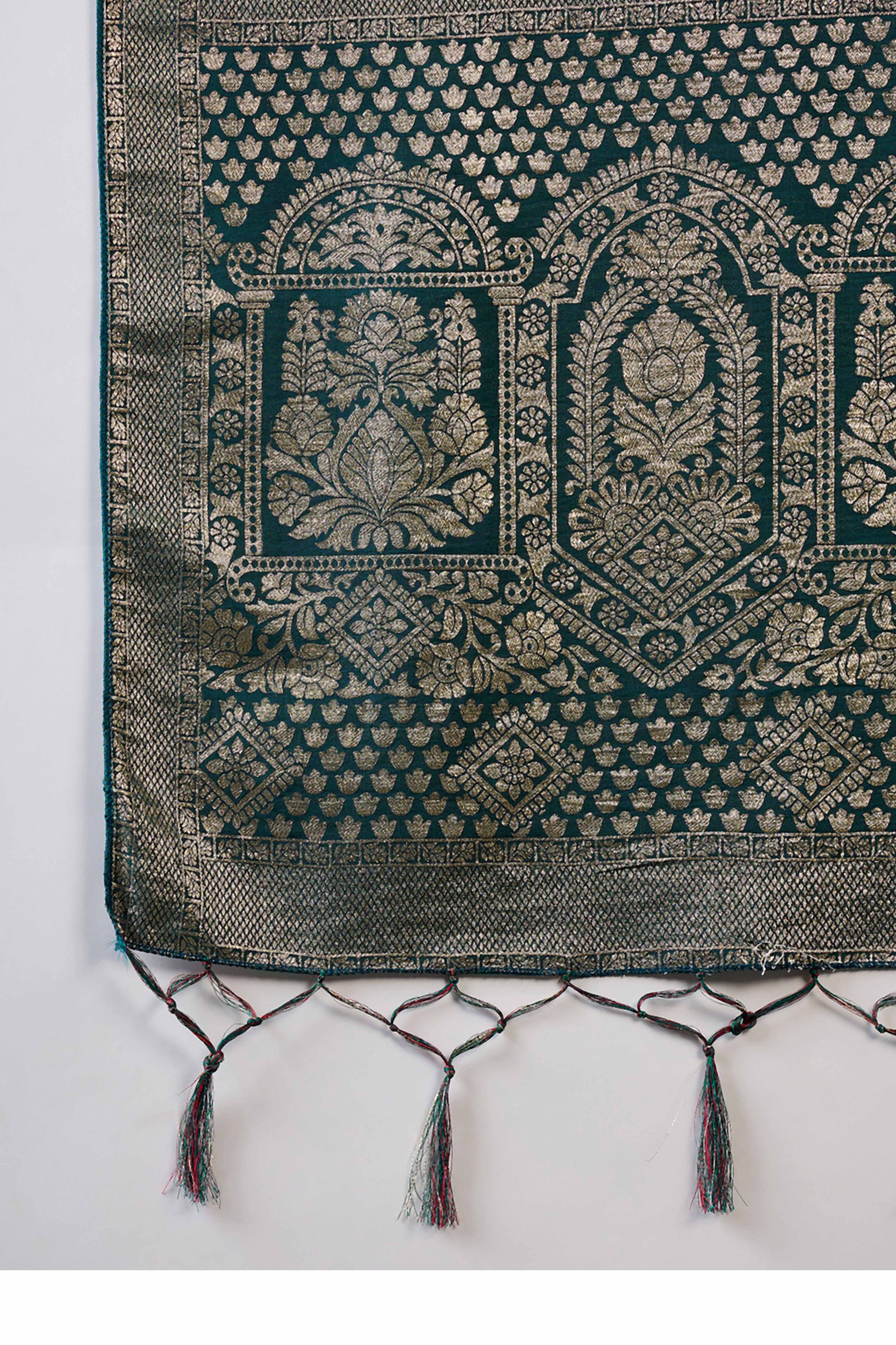 Deep Teal Green Cotton Blend Saree With Intricate Floral Zari Weaving & Soft Tassel