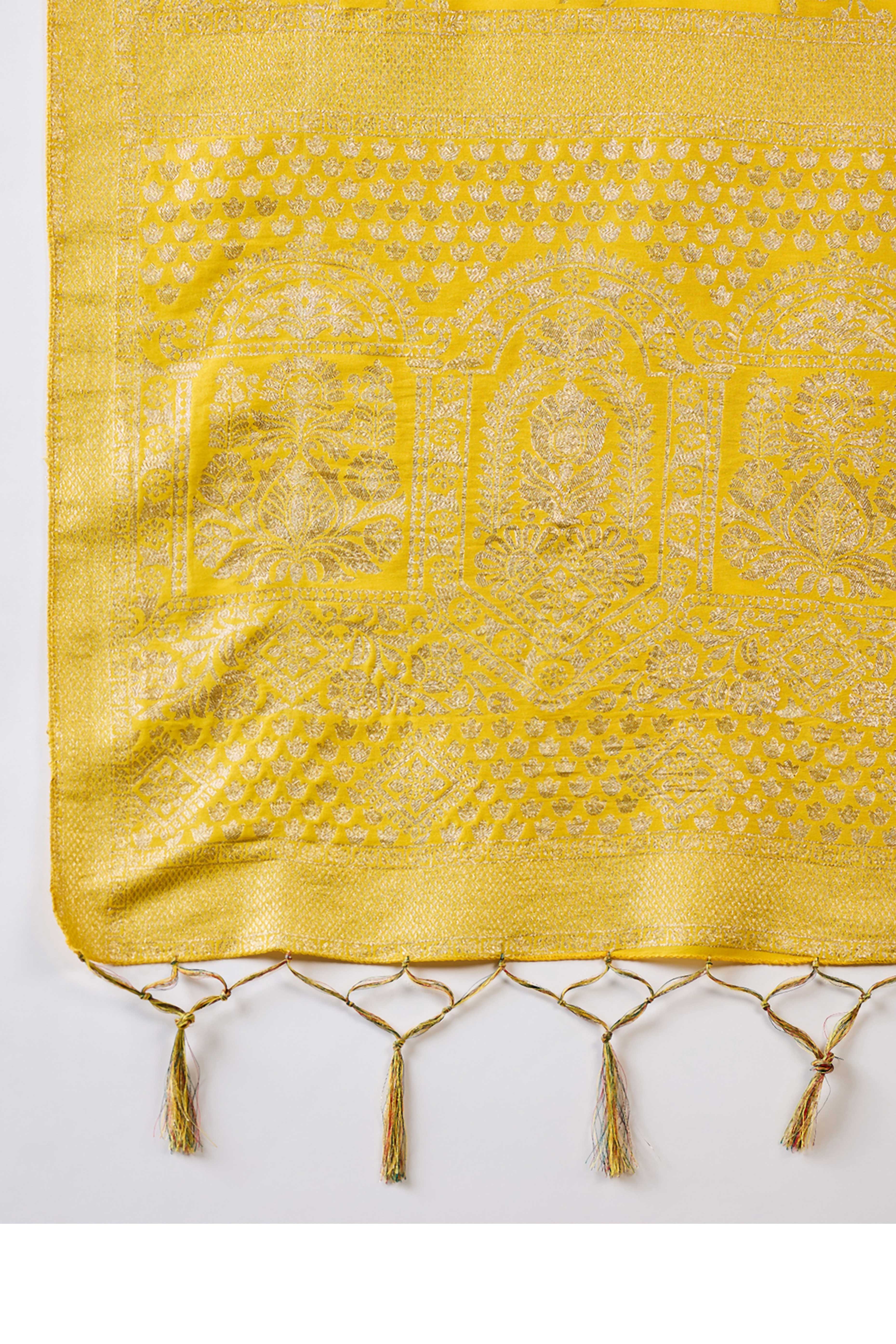 Yellow Cotton Blend Saree With Intricate Floral Zari Weaving & Soft Tassel