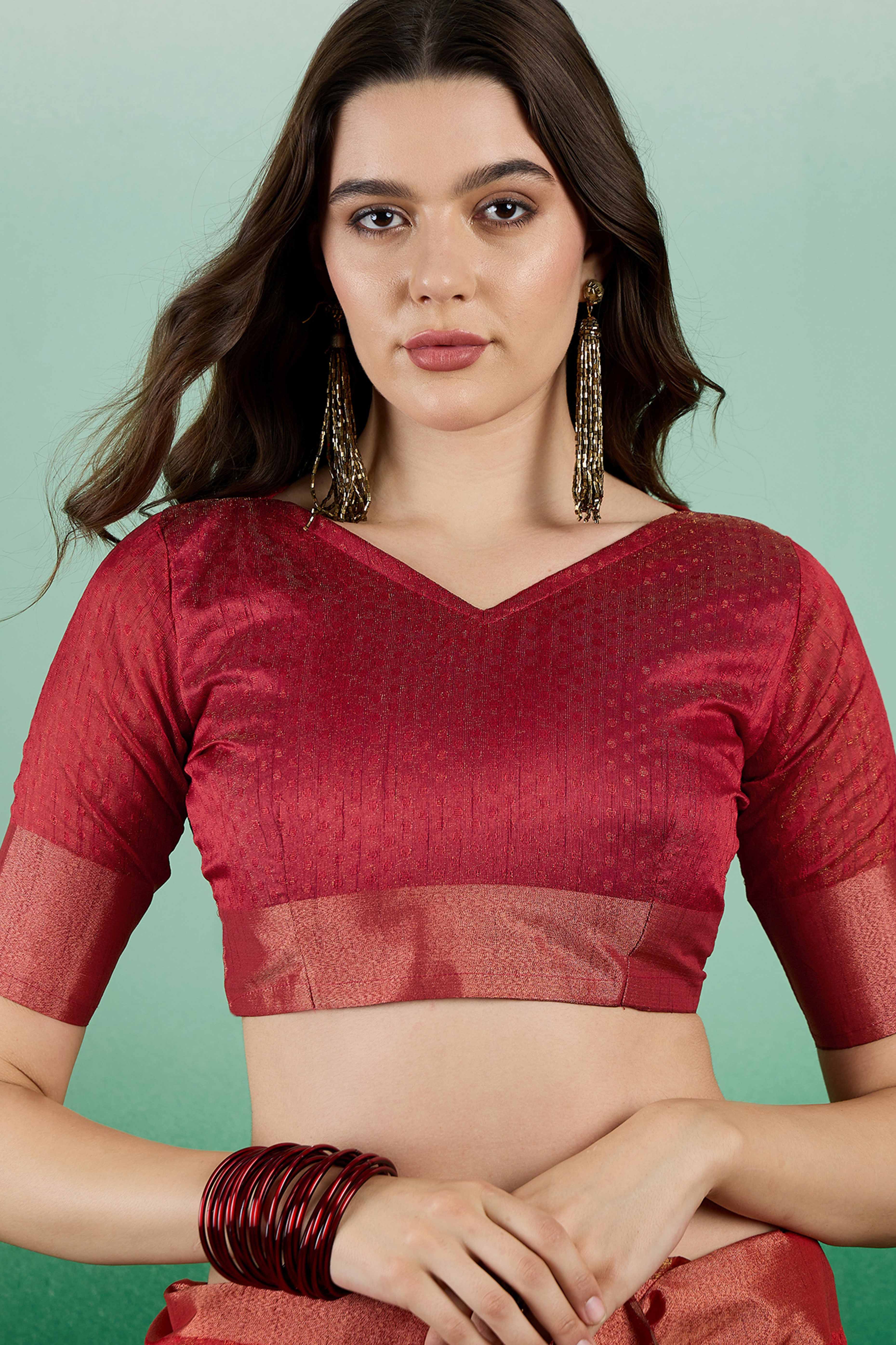 Dark Red Khadi Organza Saree Intricate Weaving & Sparkling Sequins with Tassel Pallu