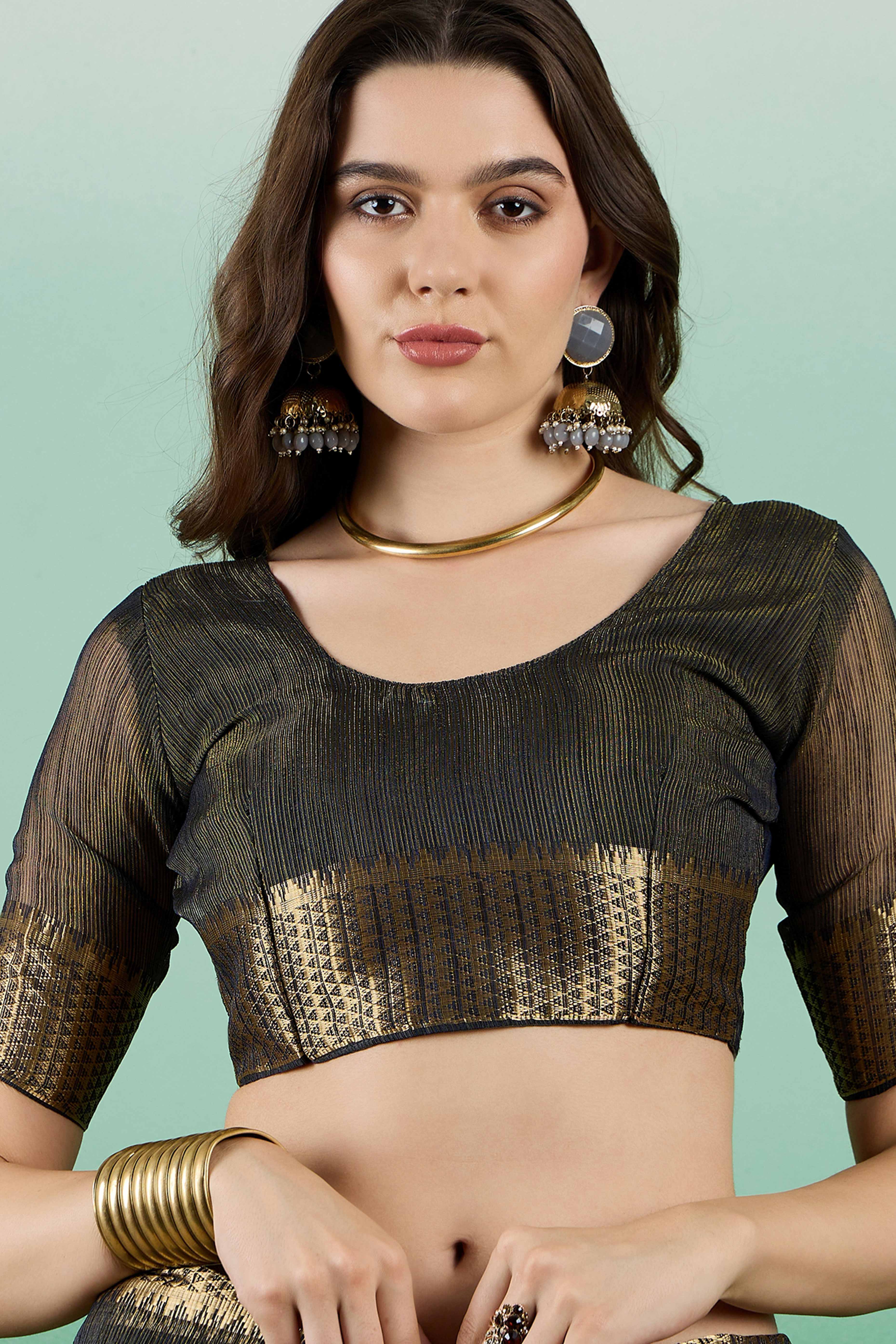 Black Khadi Organza Saree Adorned With Elegant Embroidery & Tassel Pallu