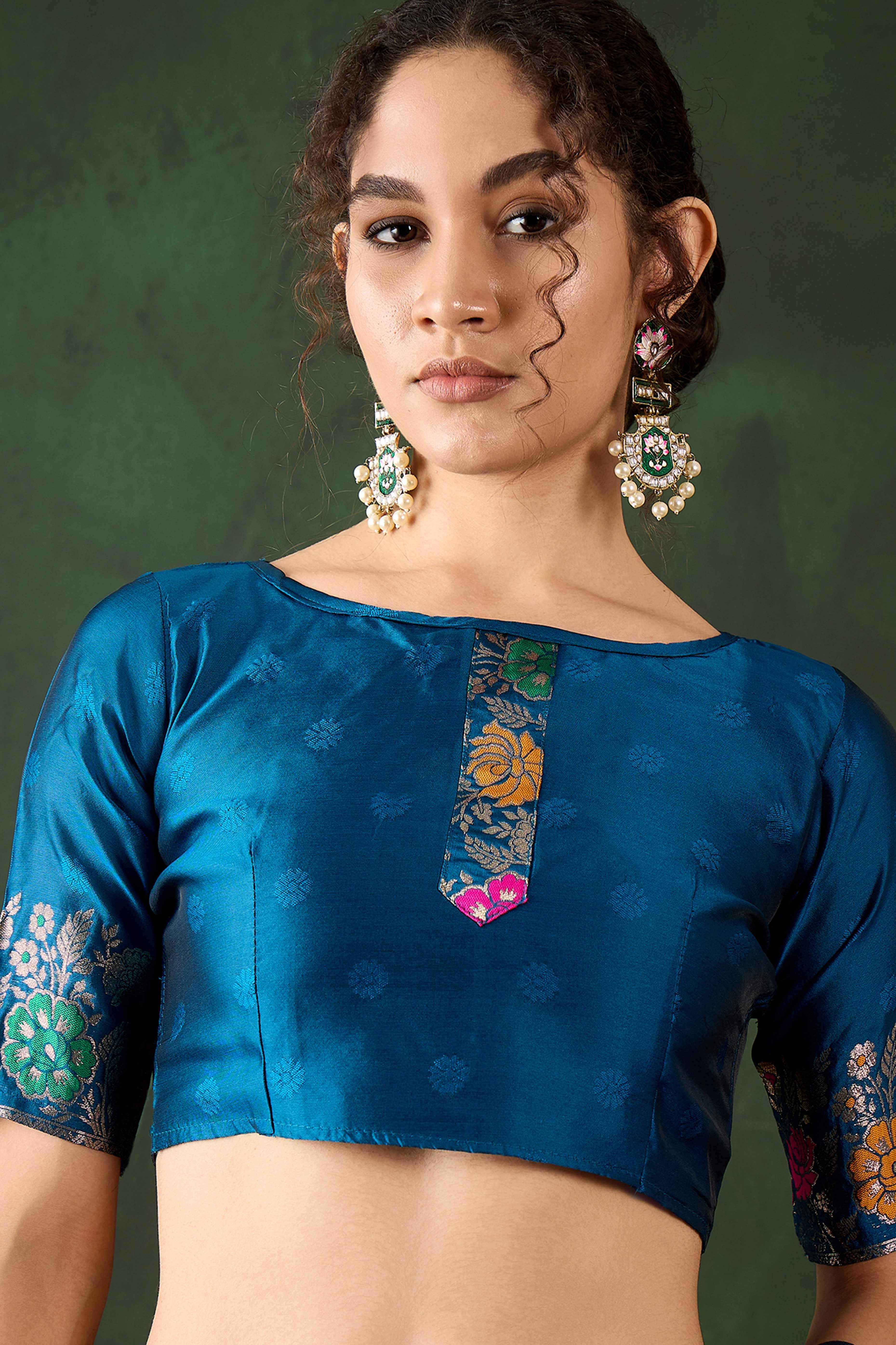 Blue Saree In Poly Silk Blend Featuring Floral Zari Weaving & Tassel Accents