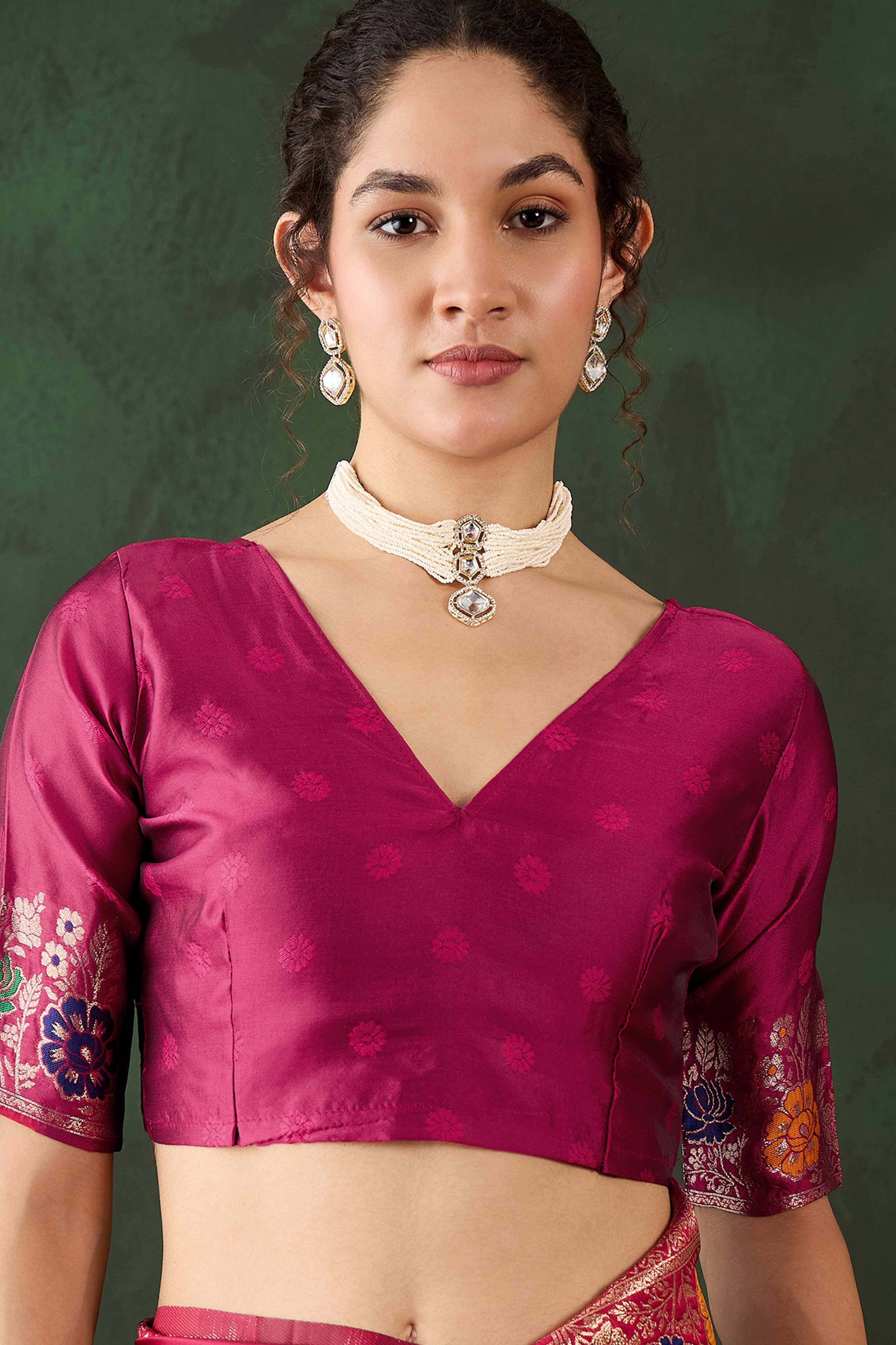 Pink Saree In Poly Silk Blend Featuring Floral Zari Weaving & Tassel Accents