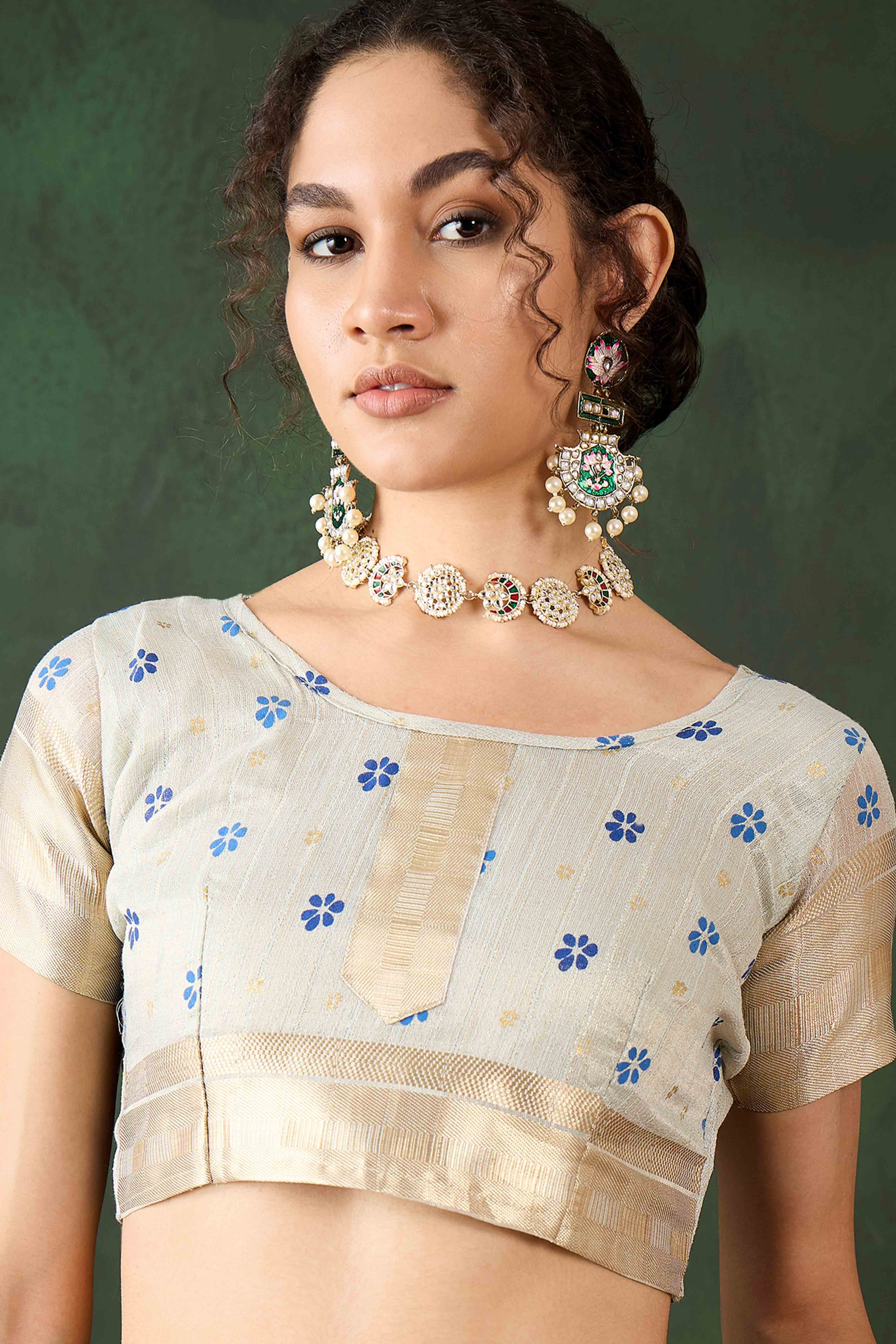 Blue Saree In Khadi Organza Featuring Floral Prints & Intricate Weaving