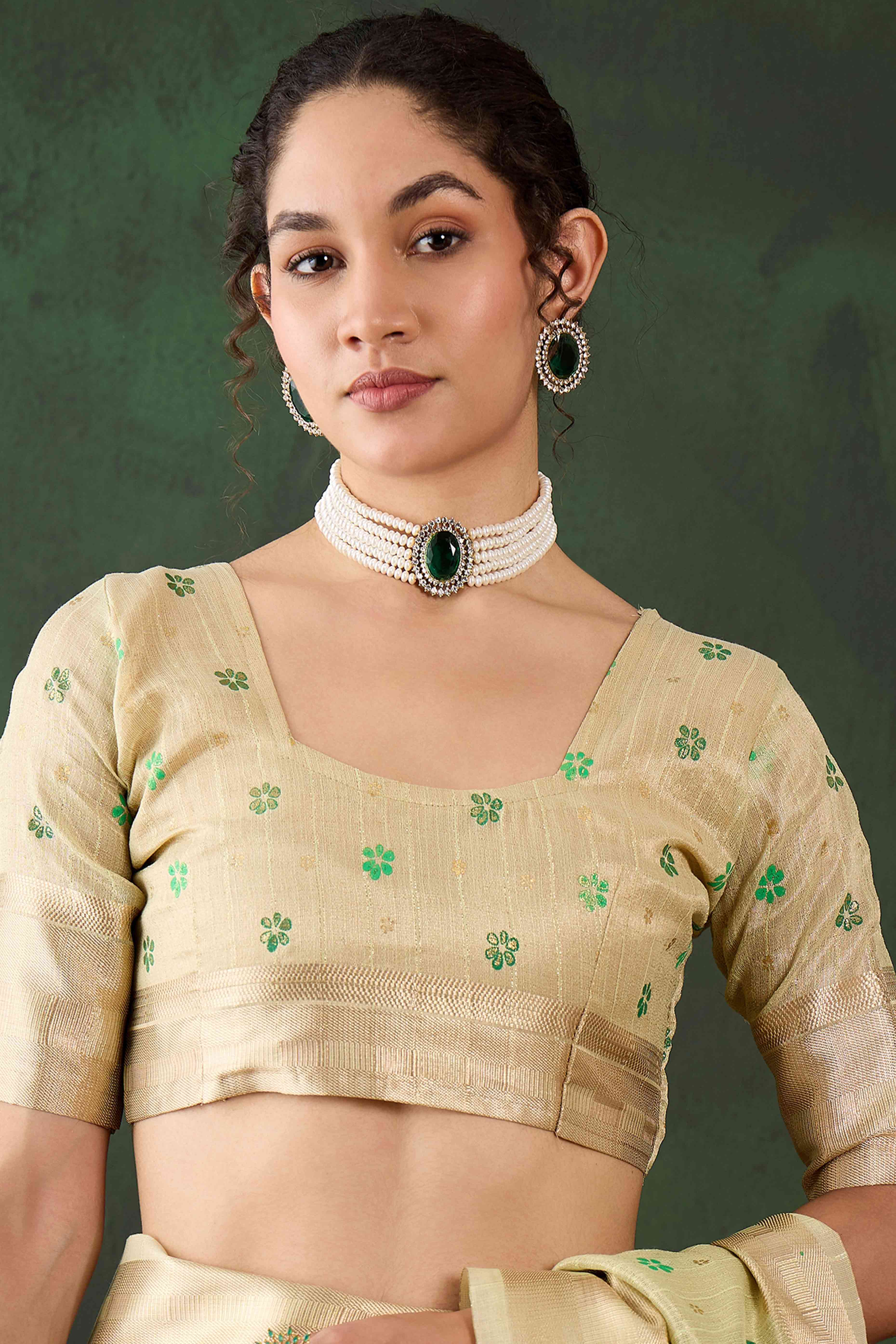 Green Saree In Khadi Organza Featuring Floral Prints & Intricate Weaving