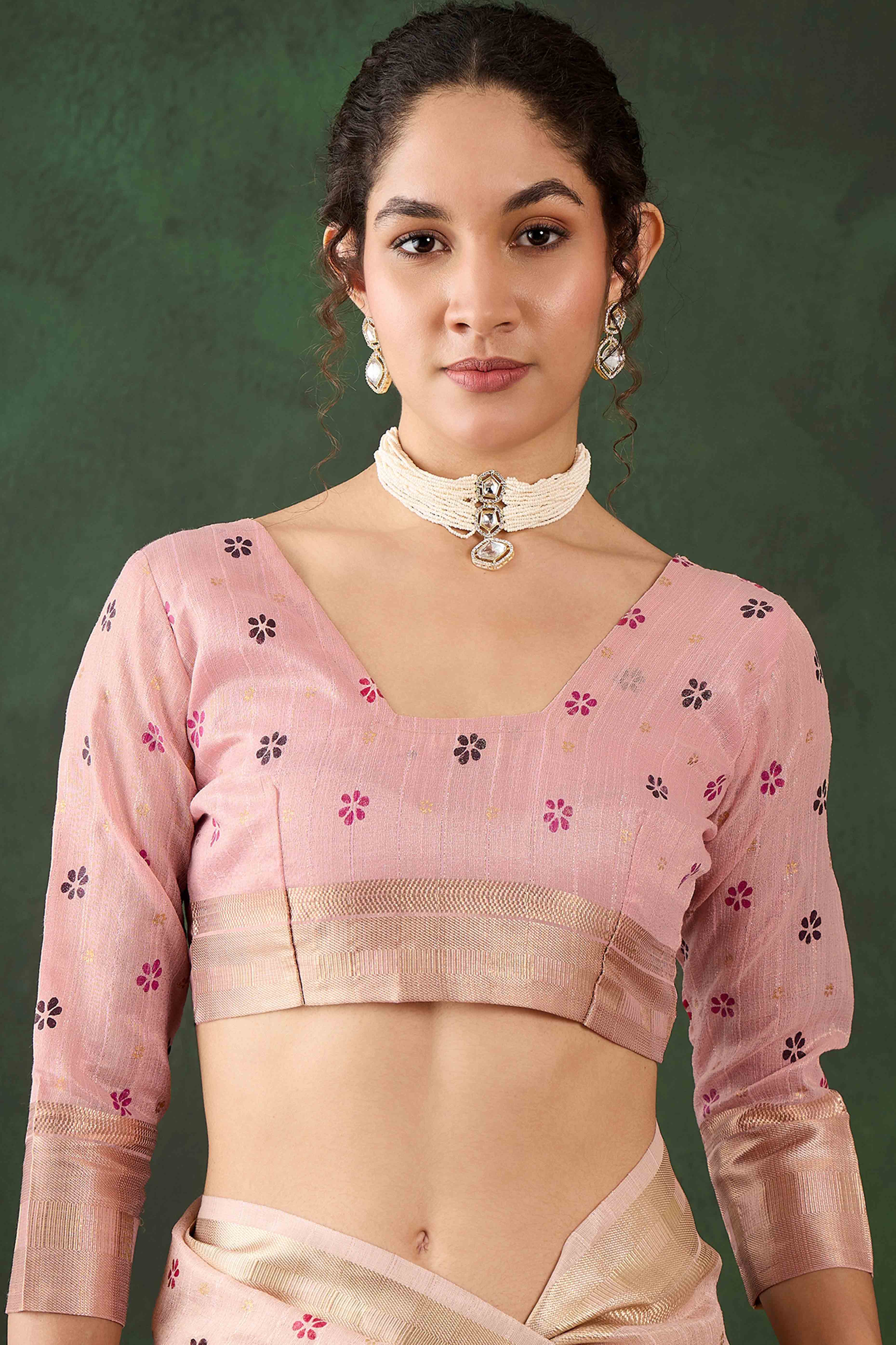 Pink Saree In Khadi Organza Featuring Floral Prints & Intricate Weaving