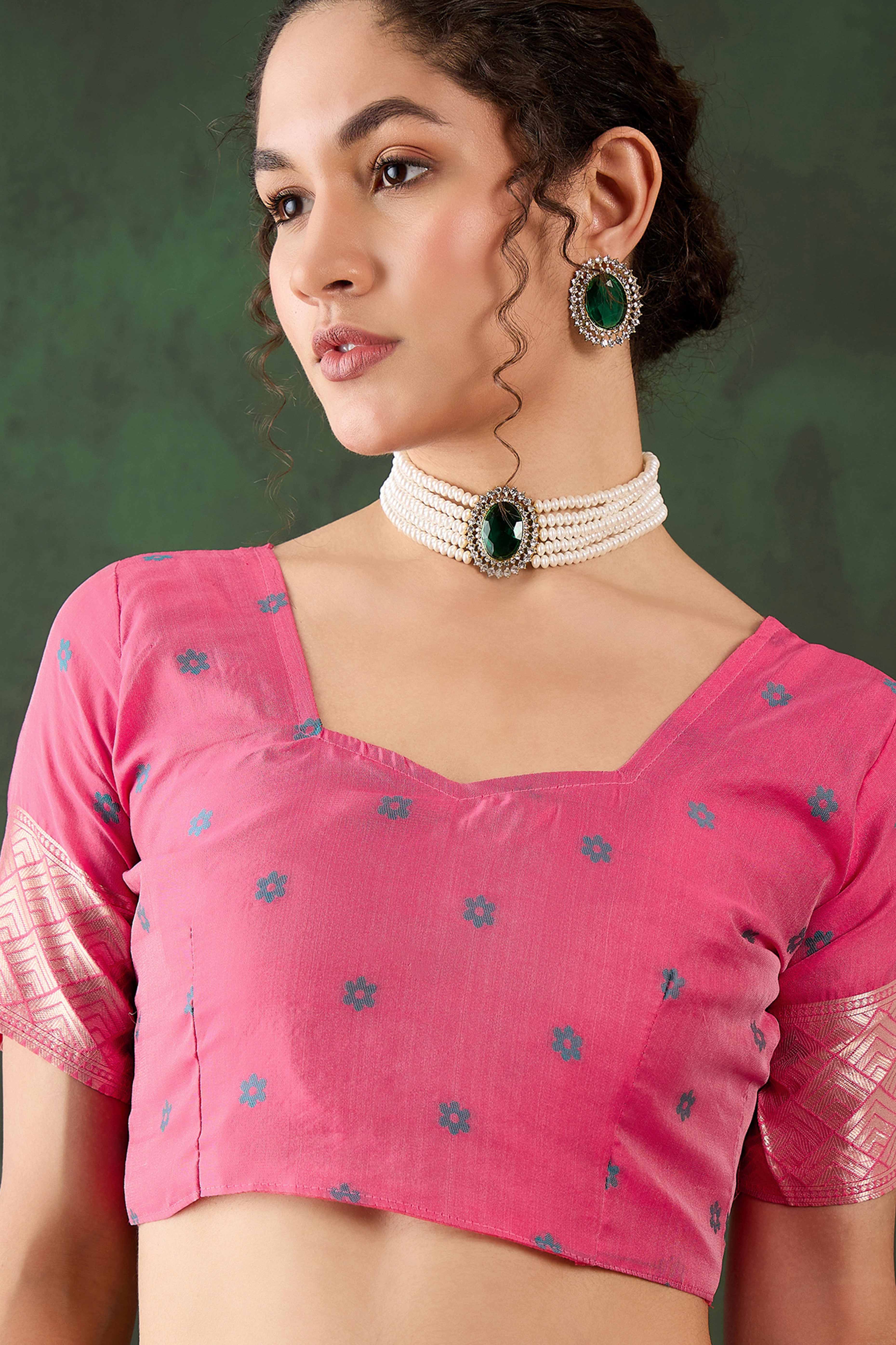 Pink Cotton Blend Saree Adorned With Intricate Floral Zari Weaving & A Stylish Tassel Pallu
