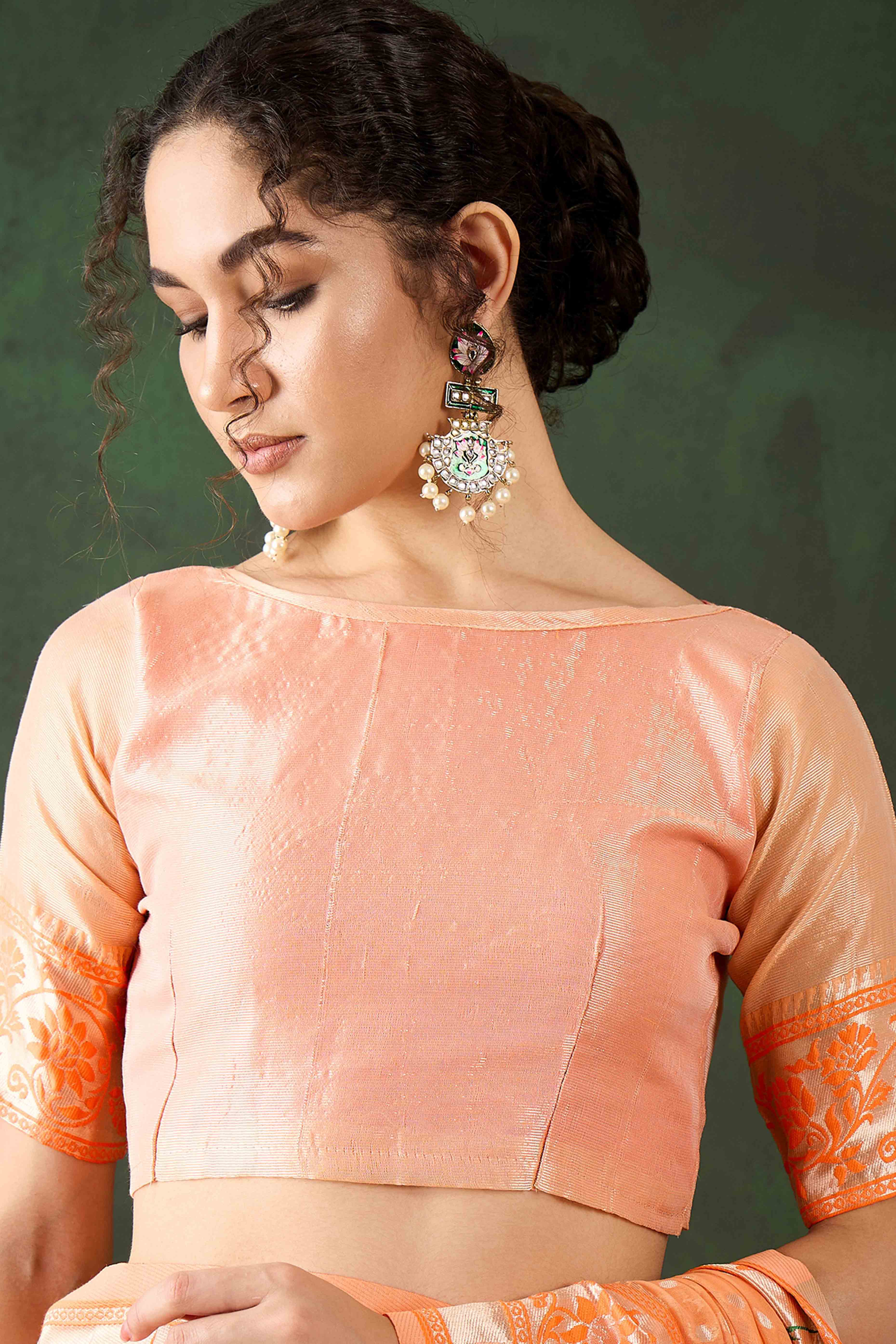 Orange Floral Zari Weaving On Orange Poly Cotton Saree With Tasselled Borders