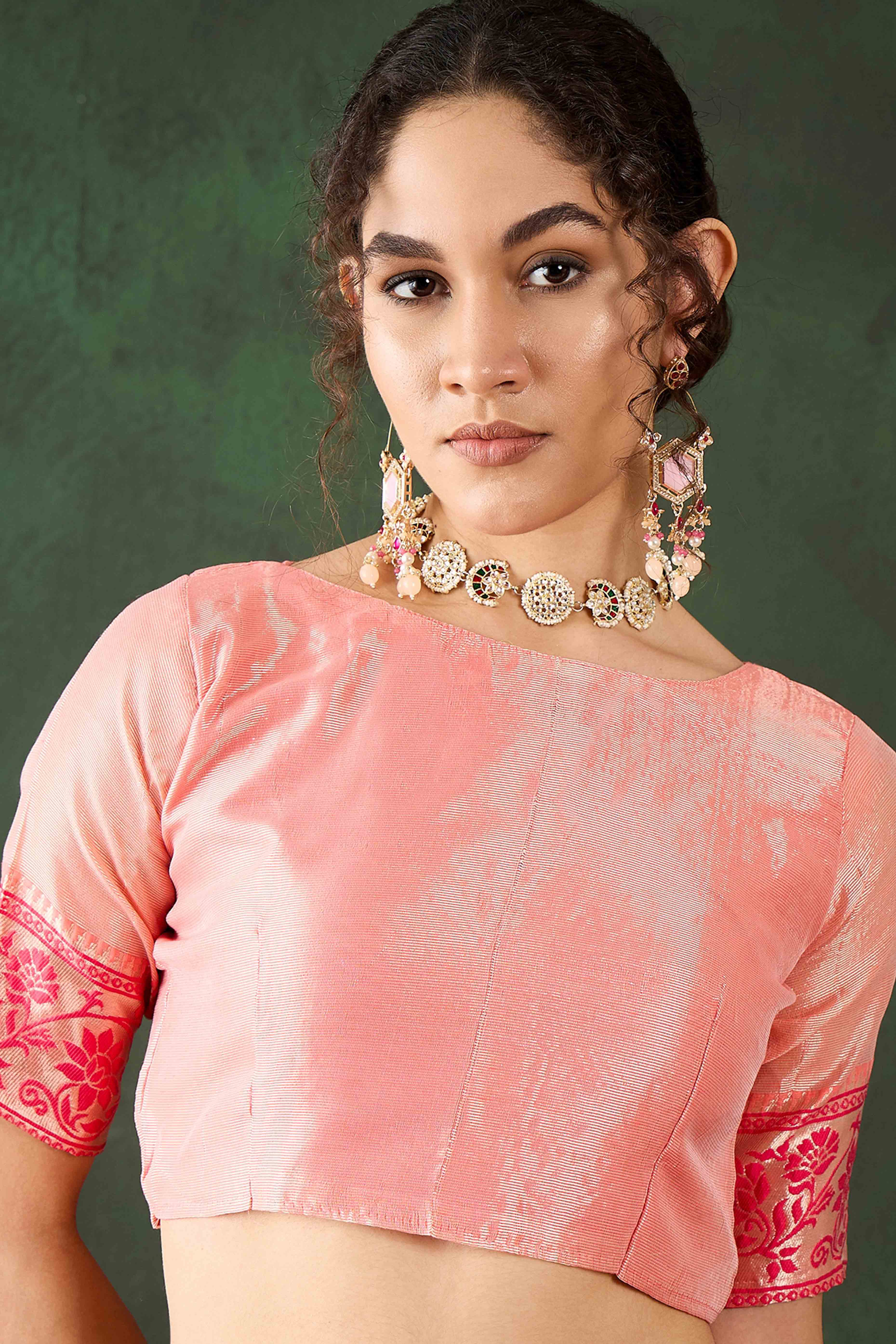 Peach Floral Zari Weaving On Orange Poly Cotton Saree With Tasselled Borders