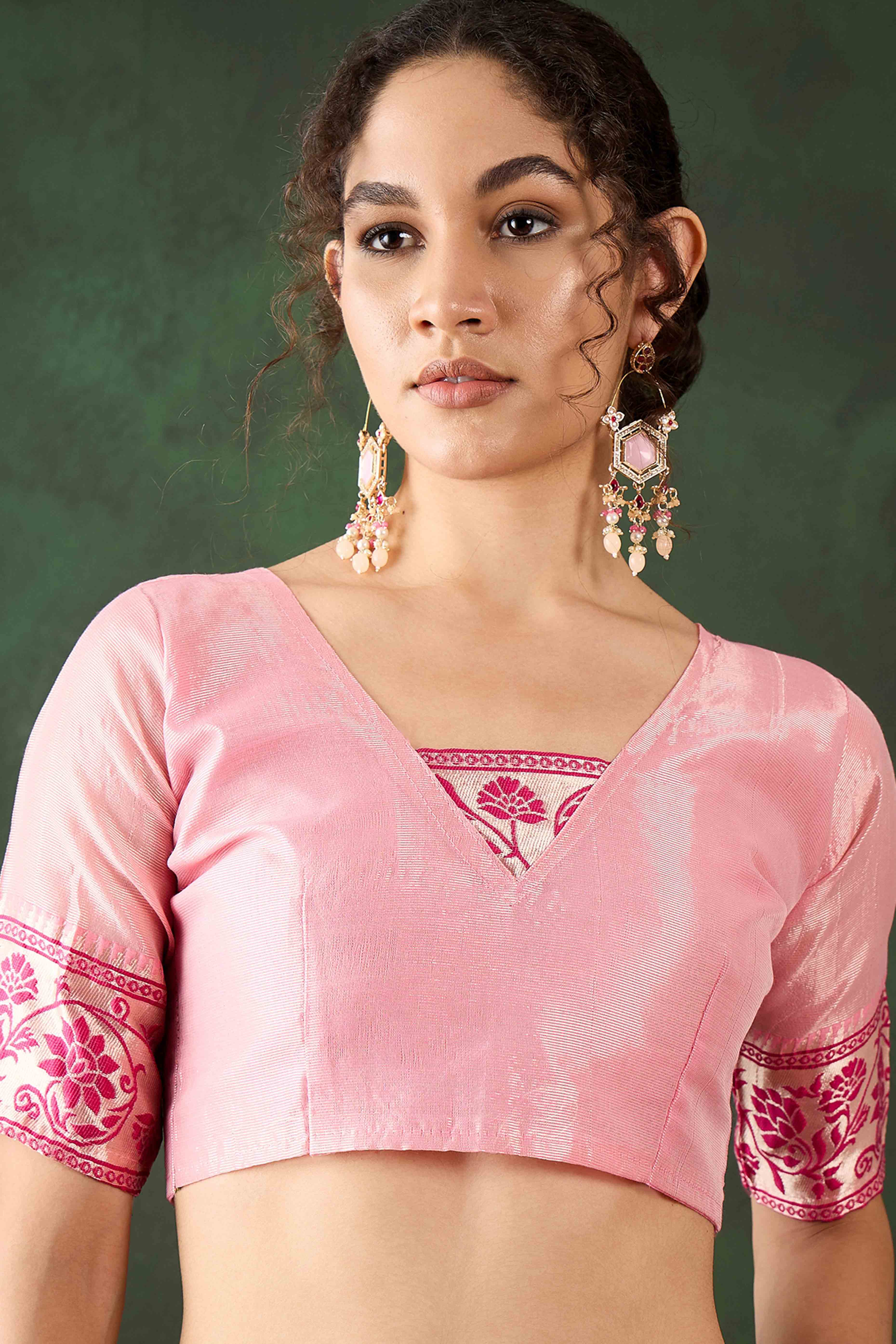 Pink Floral Zari Weaving On Orange Poly Cotton Saree With Tasselled Borders