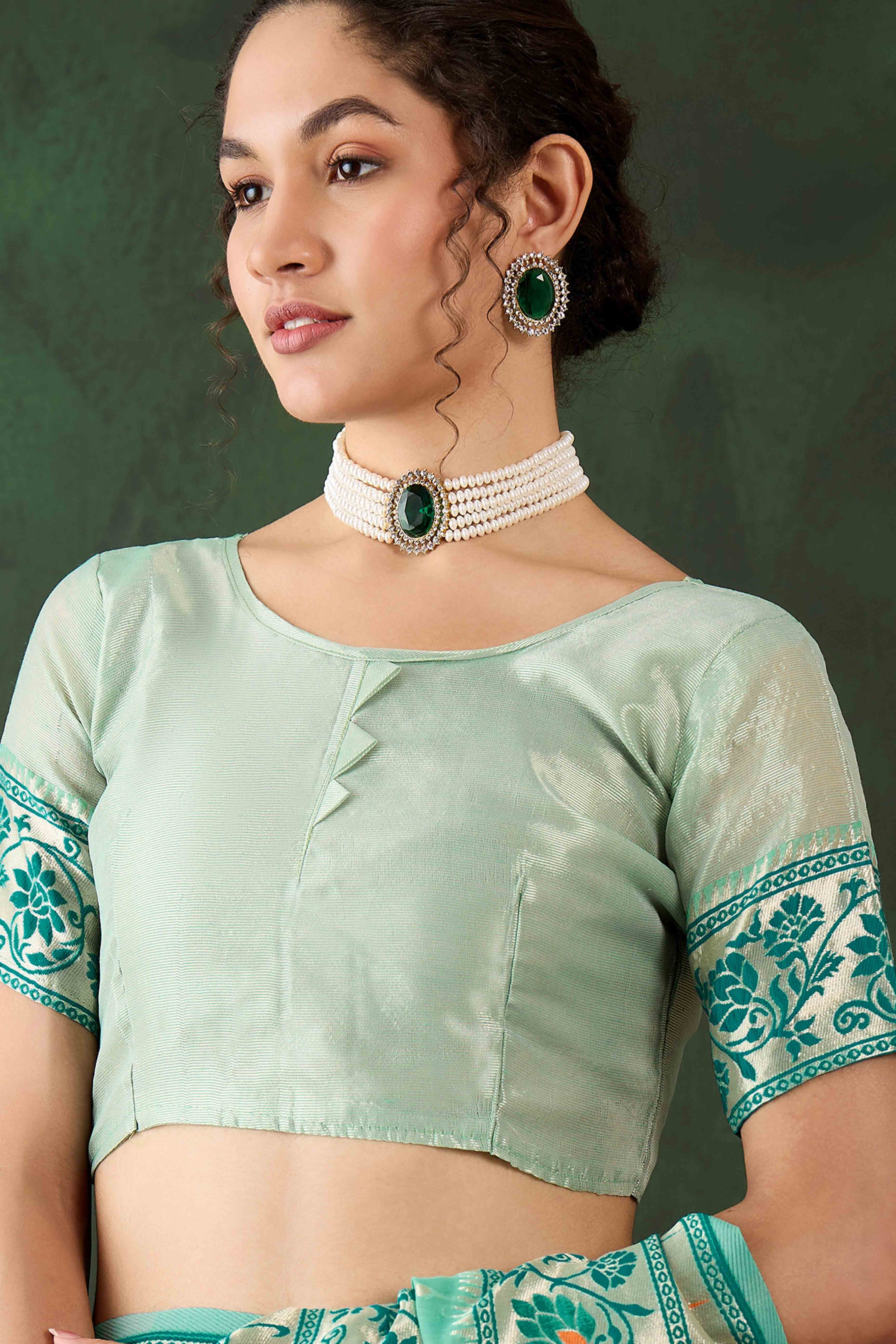 Sea Green Floral Zari Weaving On Orange Poly Cotton Saree With Tasselled Borders
