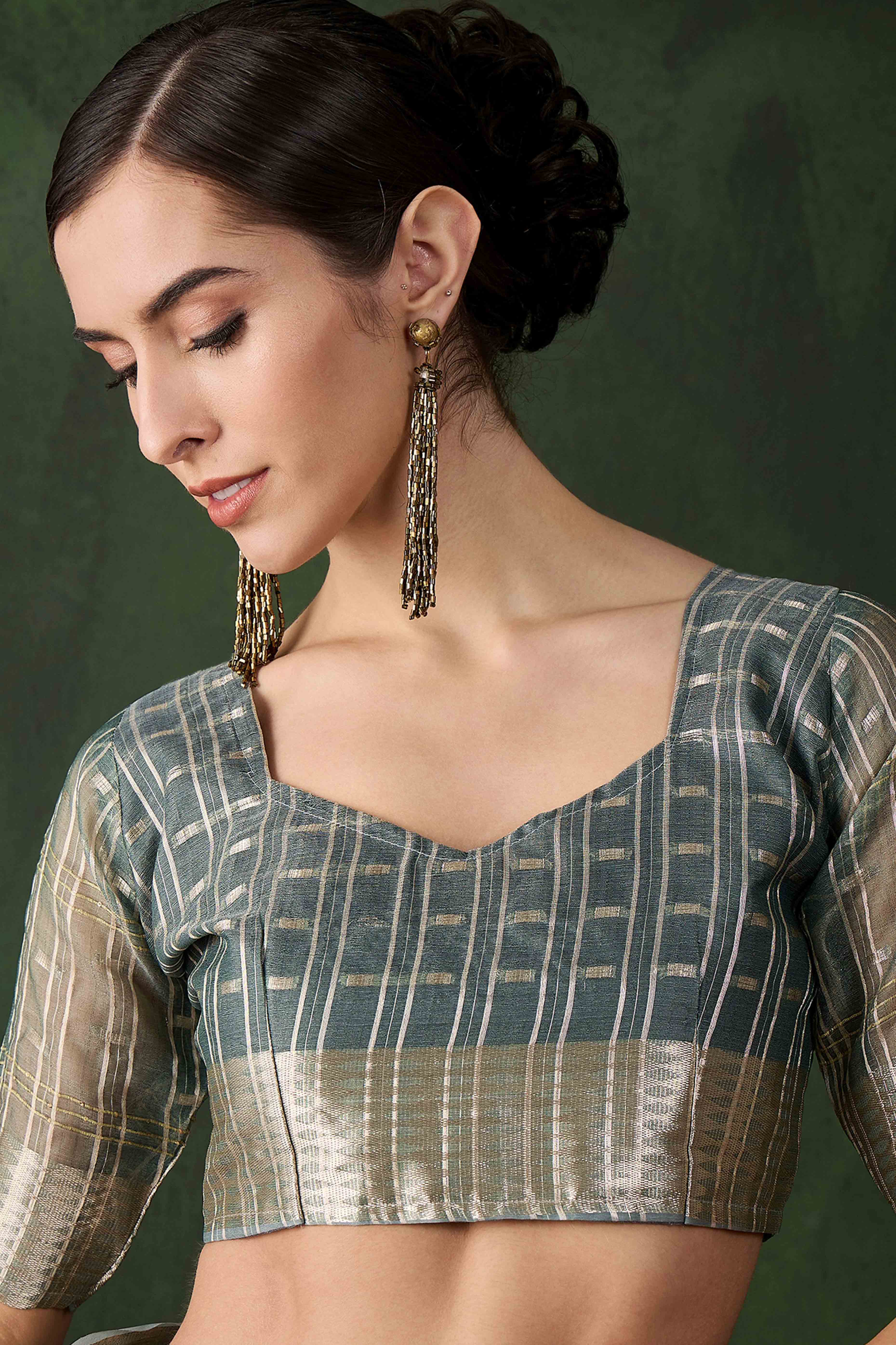 Green Saree With Fine Zari Weaving on Khadi Organza and Tassel Detailing Pallu