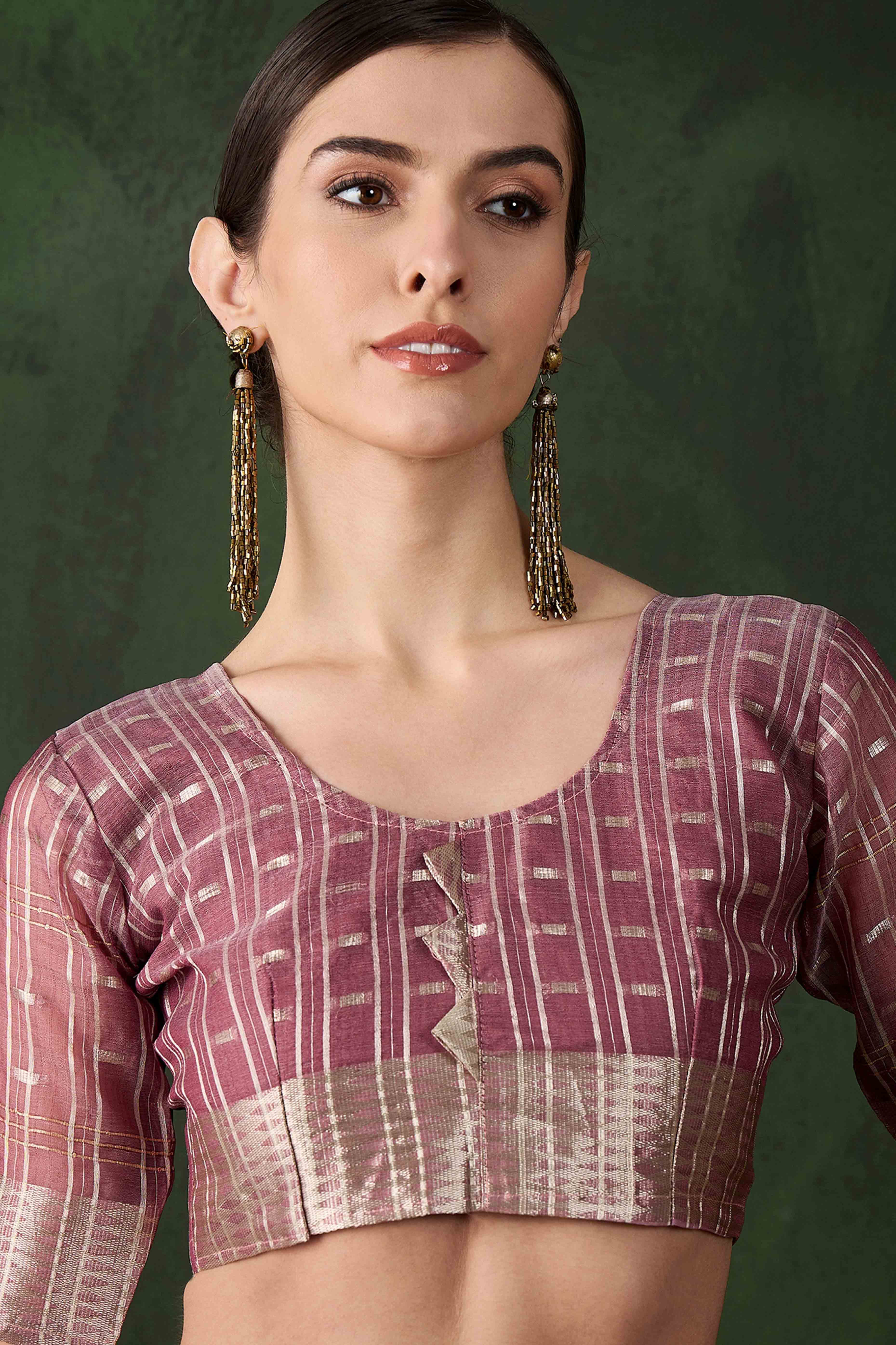 Wine Saree With Fine Zari Weaving on Khadi Organza and Tassel Detailing Pallu