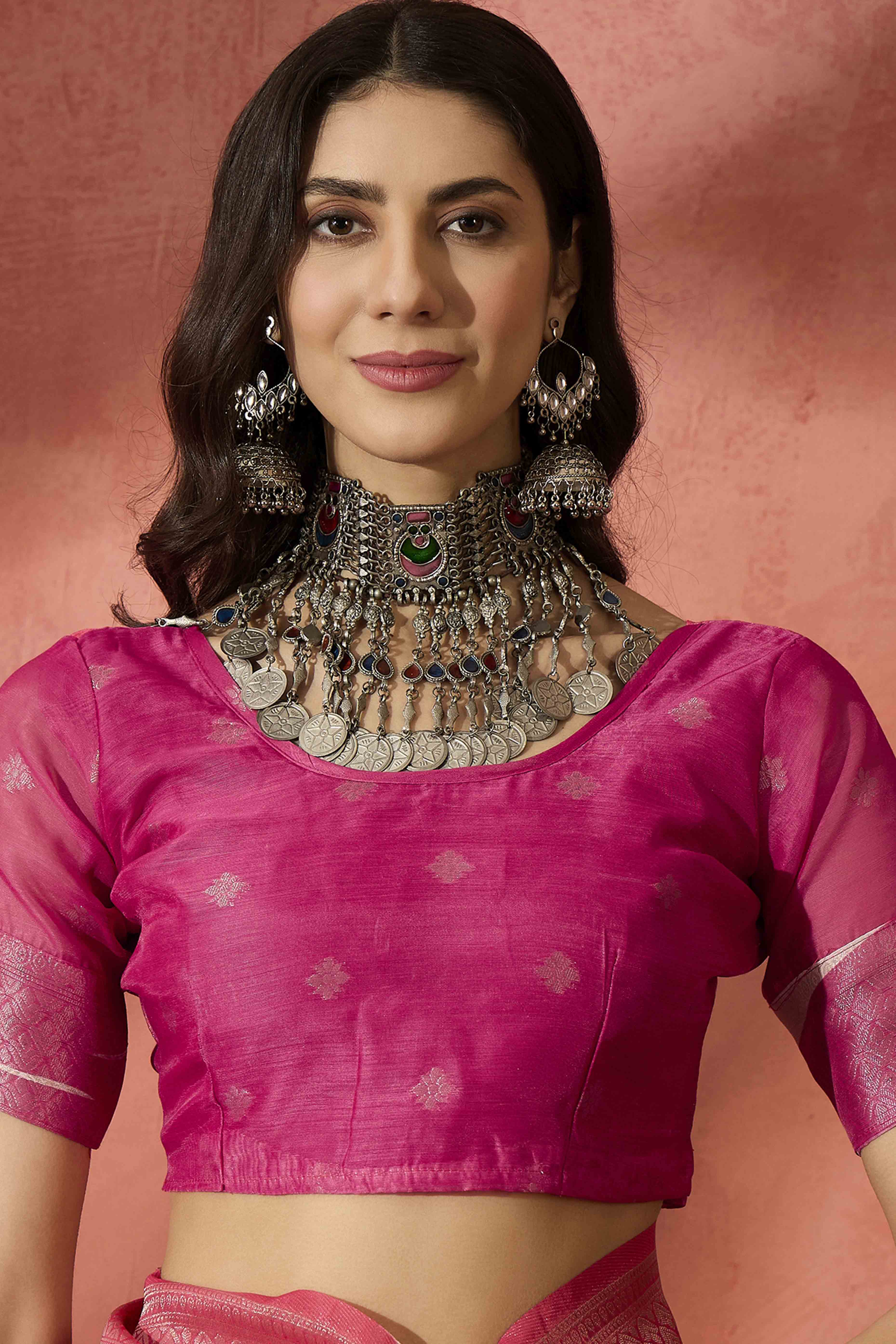 Pink Saree In Poly Cotton Featuring Intricate Floral Zari Weaving & Tassel Accents