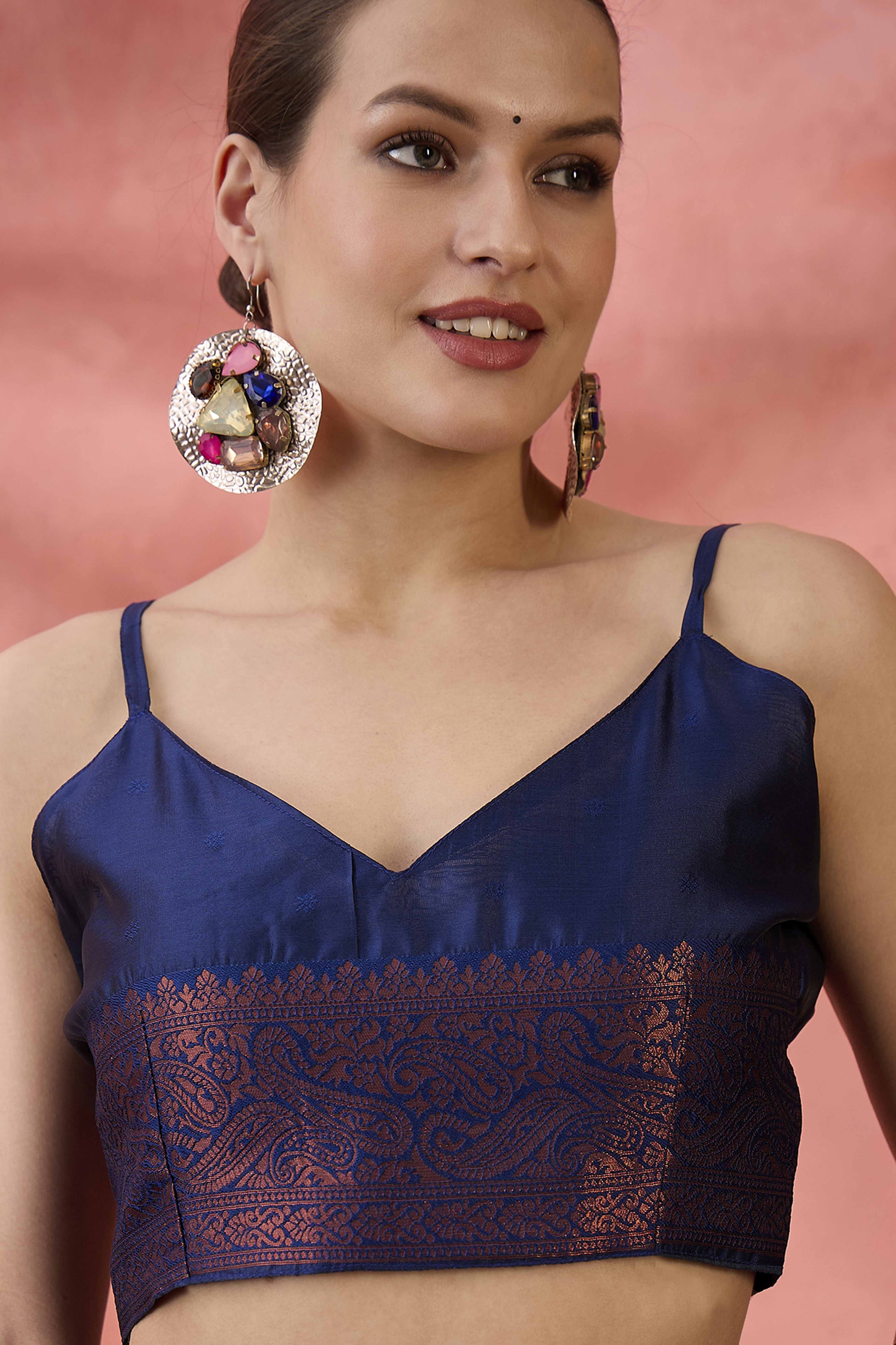 Navy Blue Woven Poly Silk Blend Saree Featuring Floral & Paisley Motifs With Tassel Accents