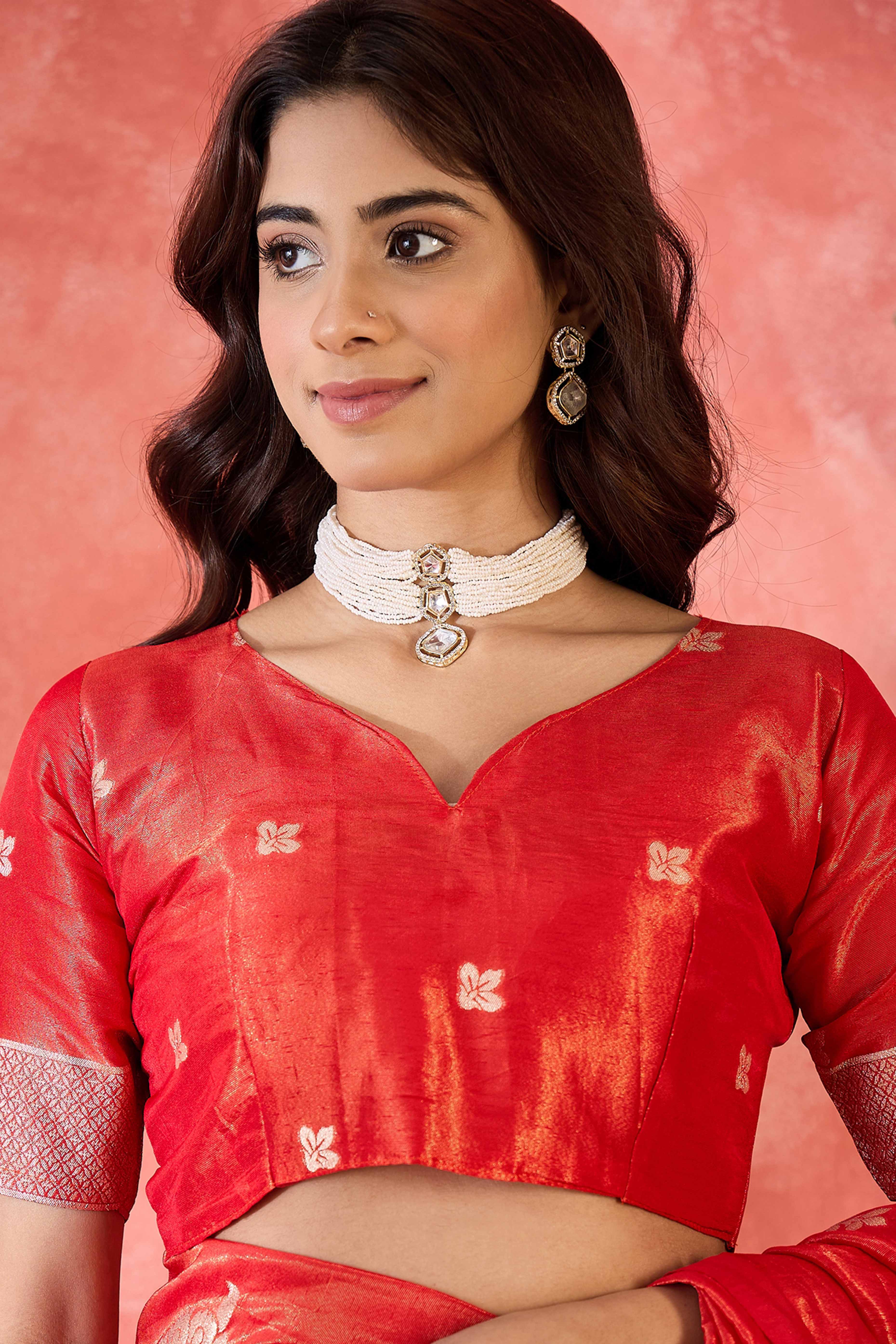 Cherry Red Shimmer Saree Featuring Intricate Floral Zari Weaving & Tassel Finish