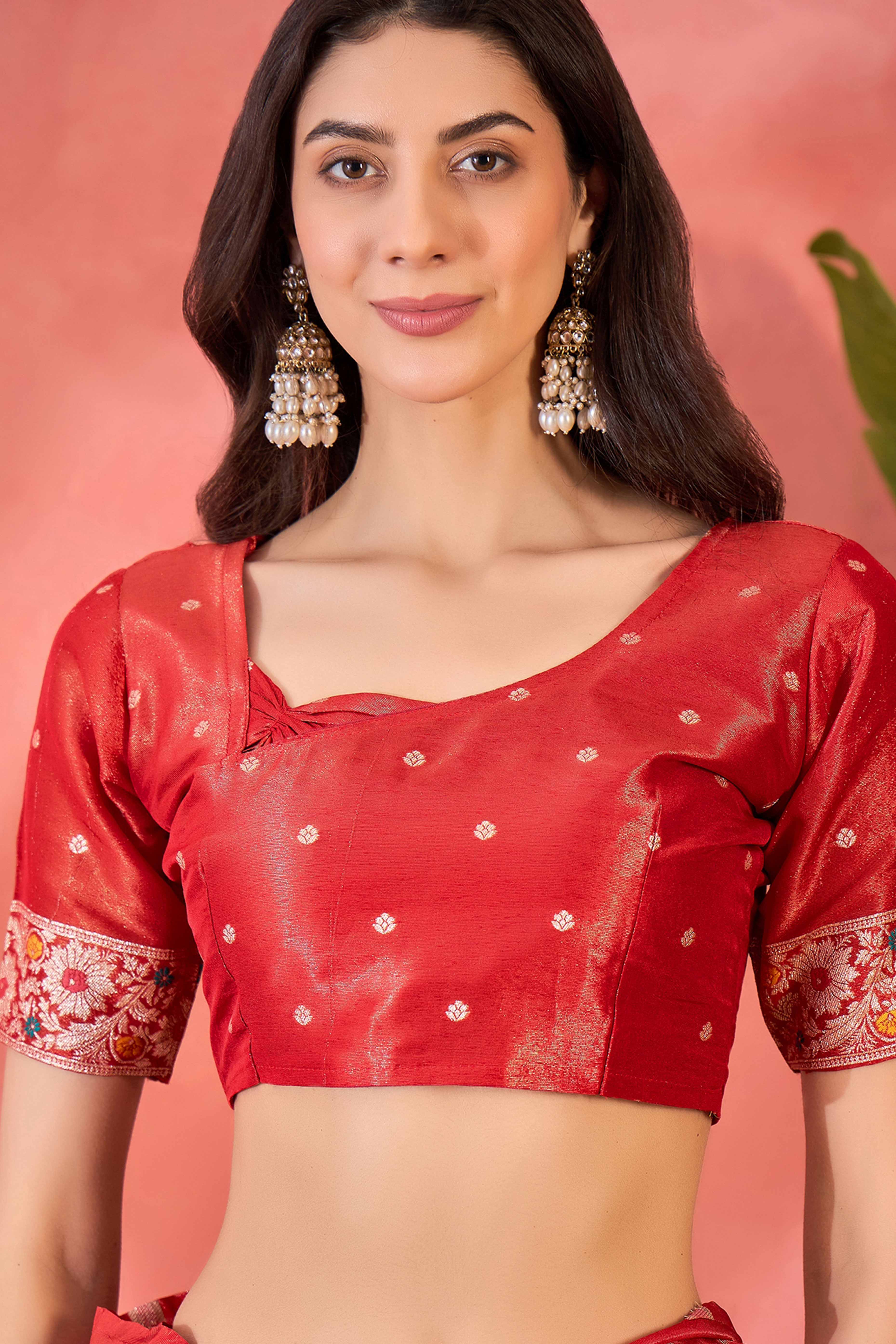 Red Zari Woven Shimmer Saree With Floral Motifs & Flowing Tassel Pallu