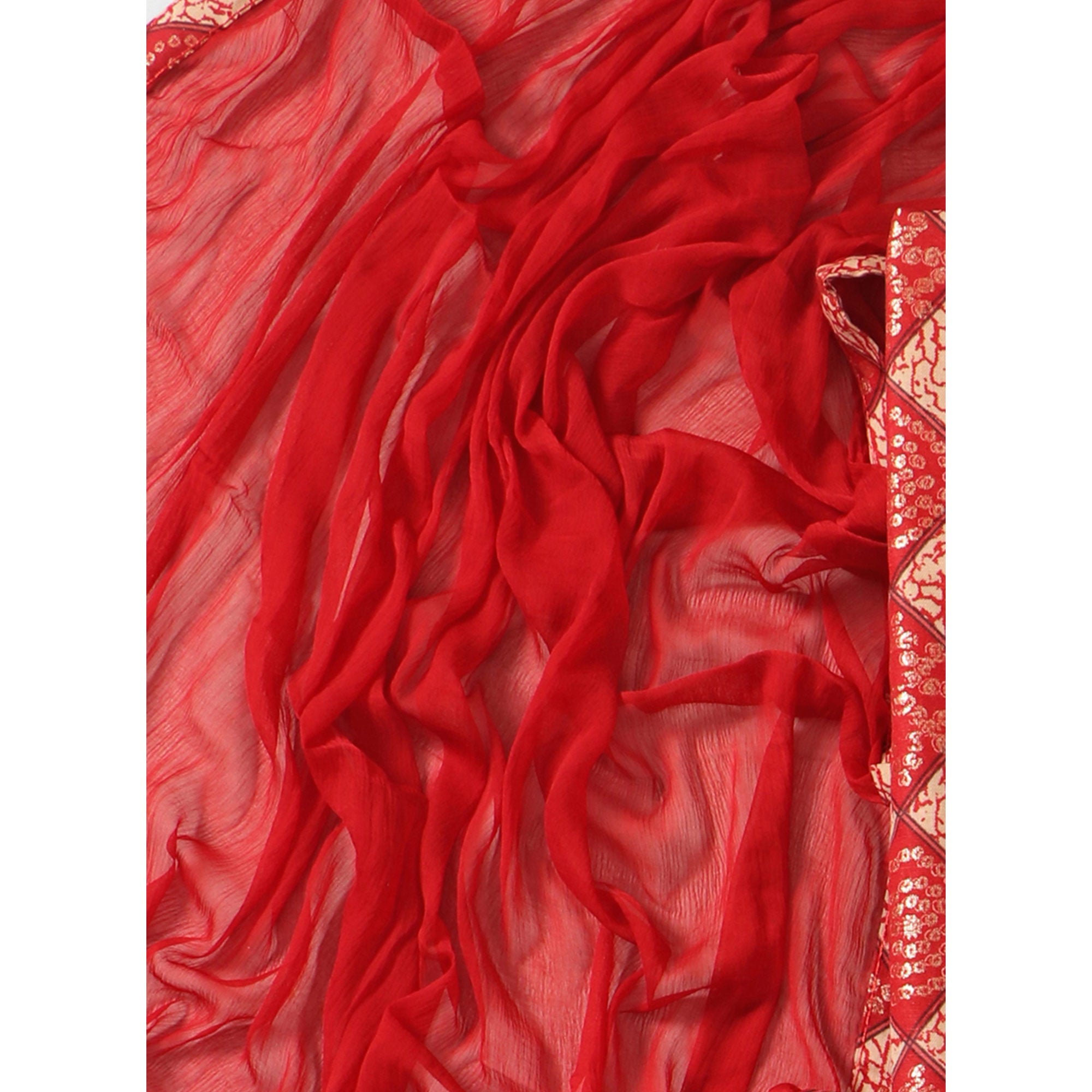 Red Foil Printed With Handwork Pure Cotton Dress Material