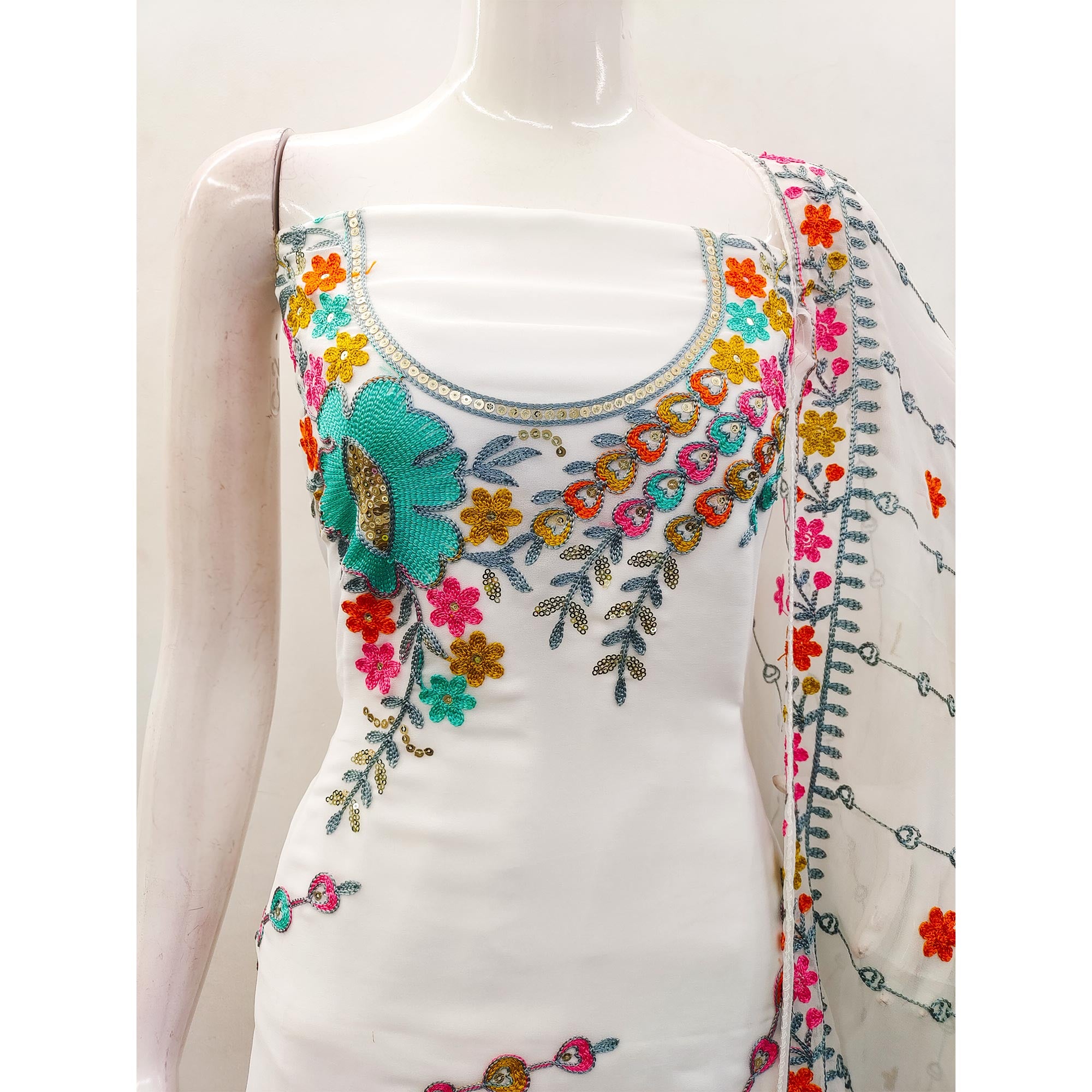 White Floral Sequins Embroidered Georgette Dress Material