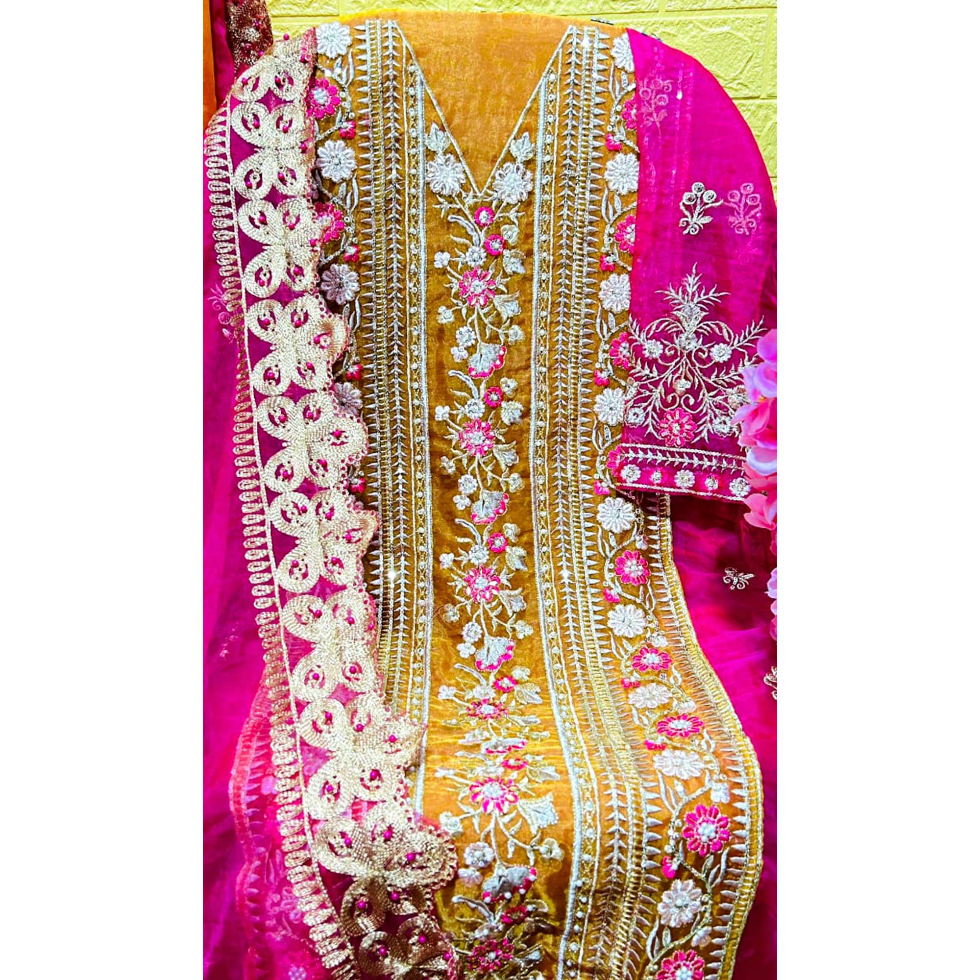 Rani Pink Floral Embroidered Organza Palazzo Suit