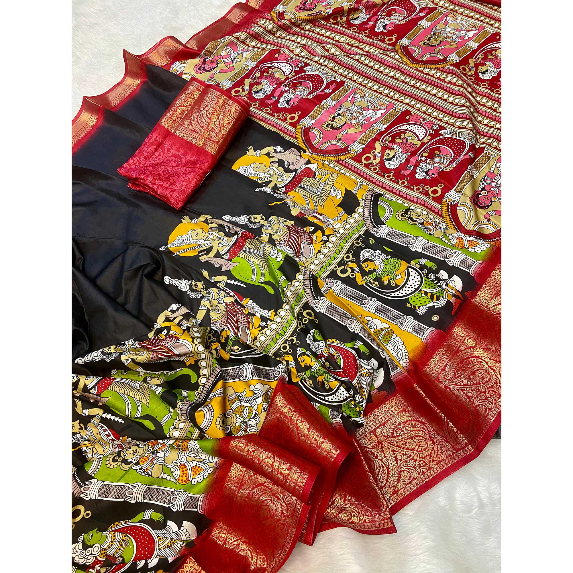 Black Printed Dola Silk Saree With Jacquard Border