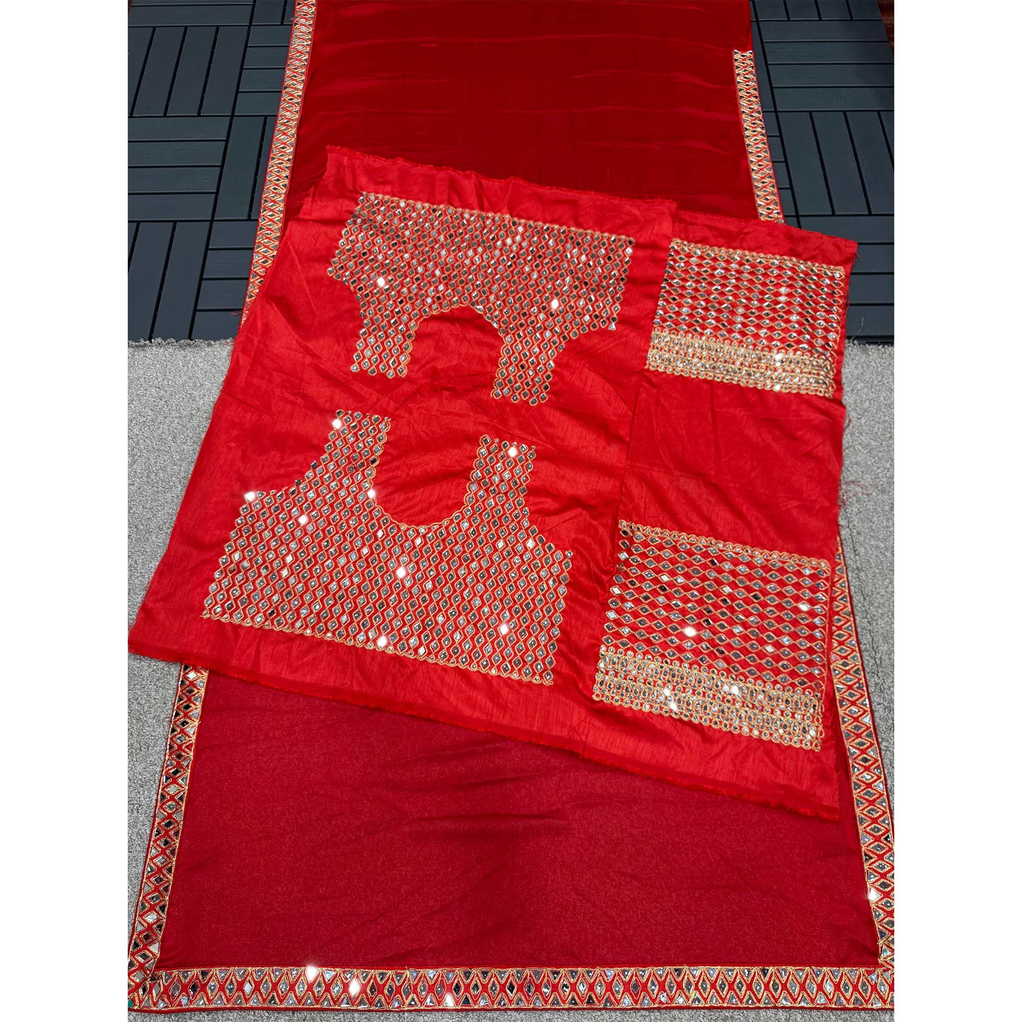 Crimson Red Mirror Embroidered Organza Saree
