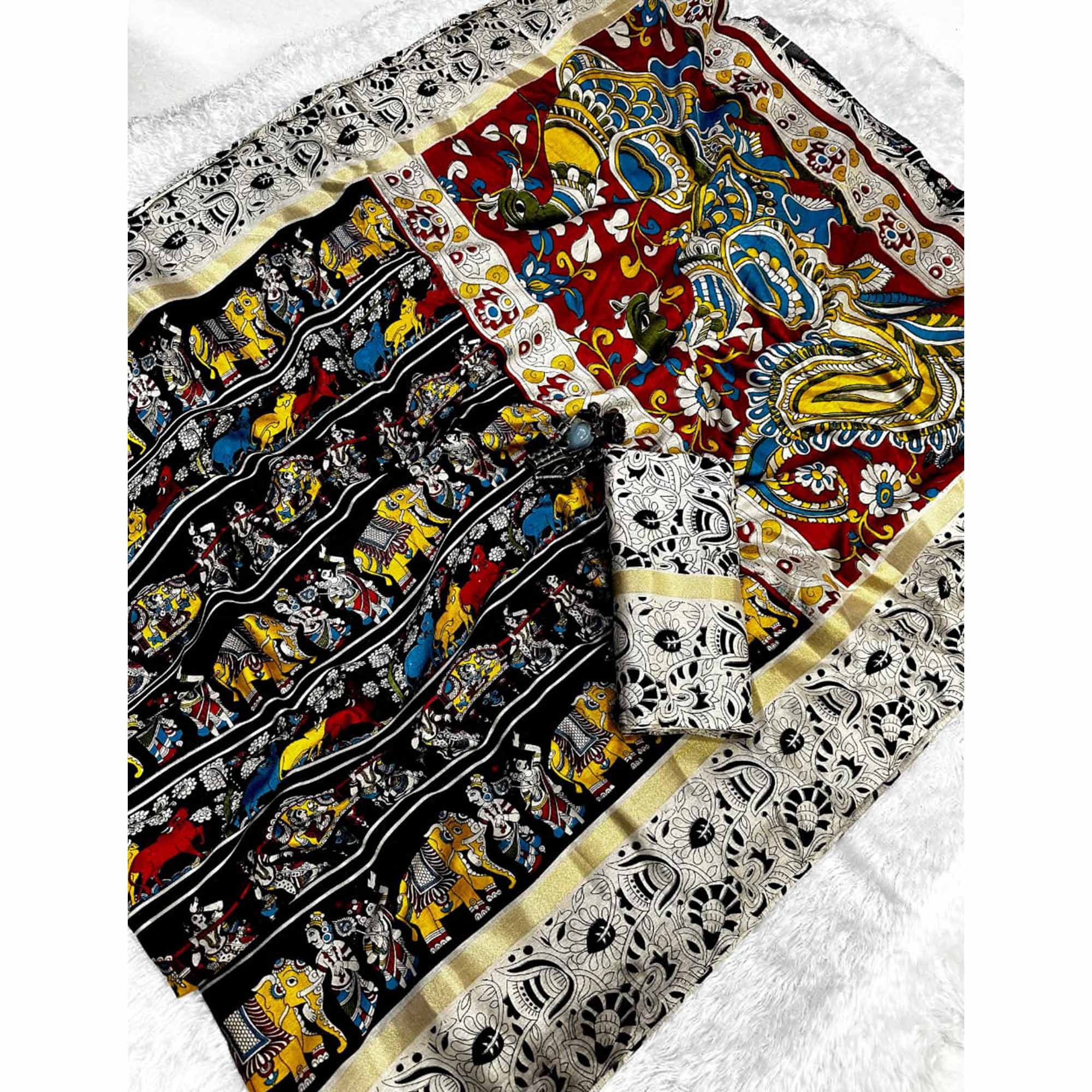 Grey & Black Kalamkari Printed Pure Mulmul Cotton Saree