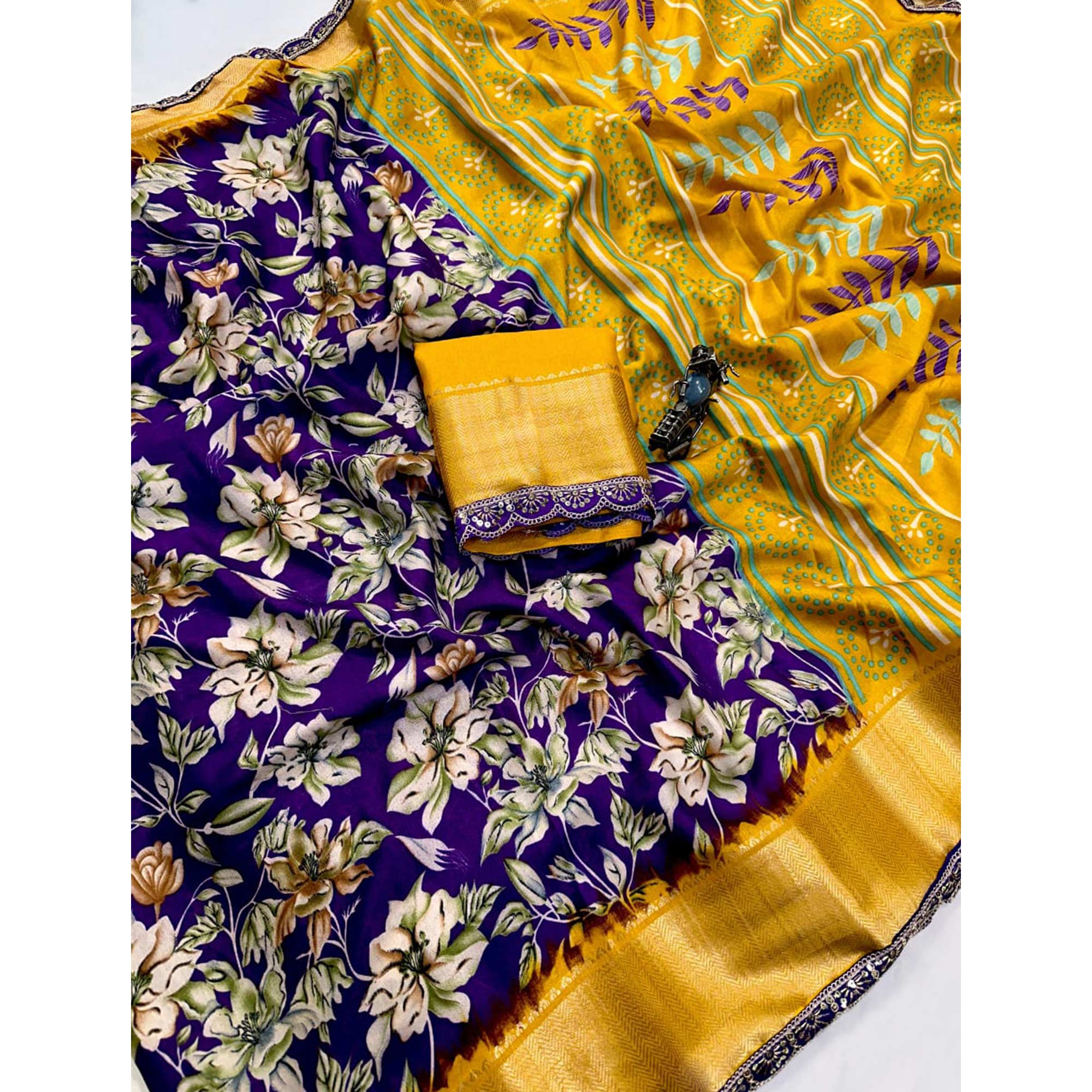 Purple Floral Printed Dola Silk Saree With Zari Border