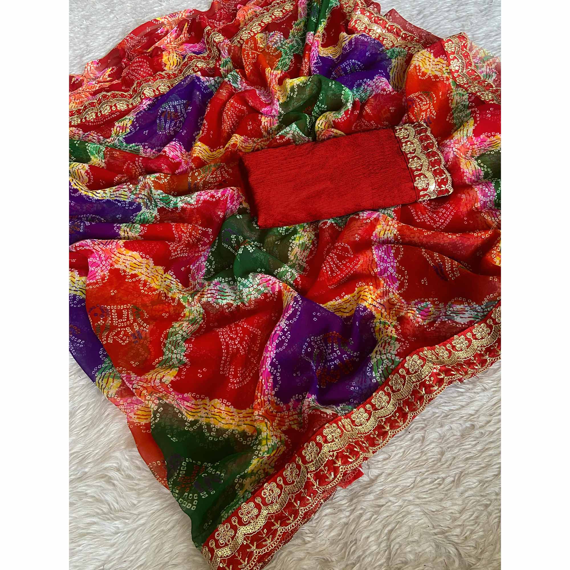 Red Georgette Saree with Bandhani Motifs and Elegant Border Embroidery