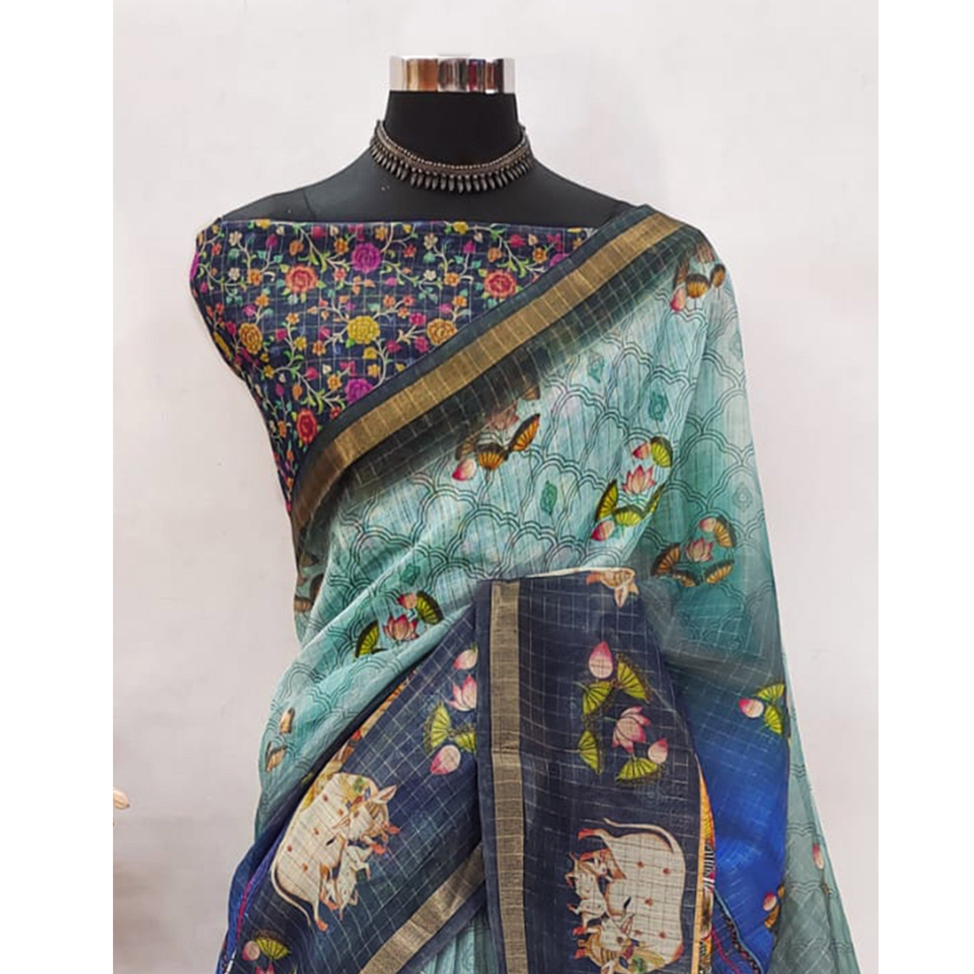 Multicolor Checks Zari Woven With Printed Linen Saree