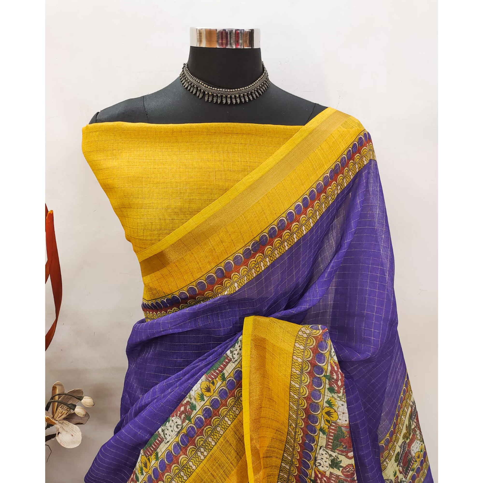 Purple Checks Zari Woven With Printed Linen Saree
