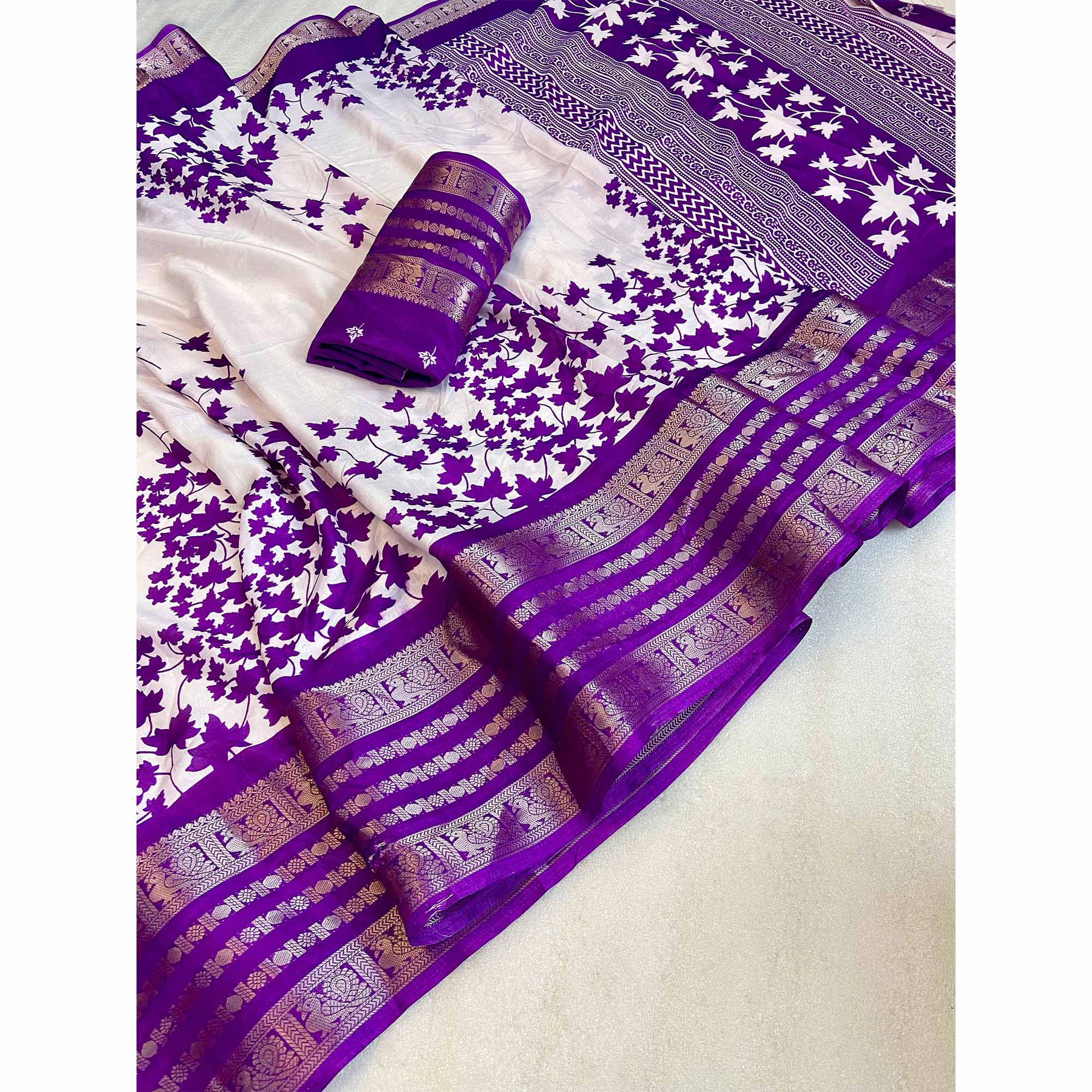 Purple & Offwhite Floral Printed Dola Silk Saree With Zari Border