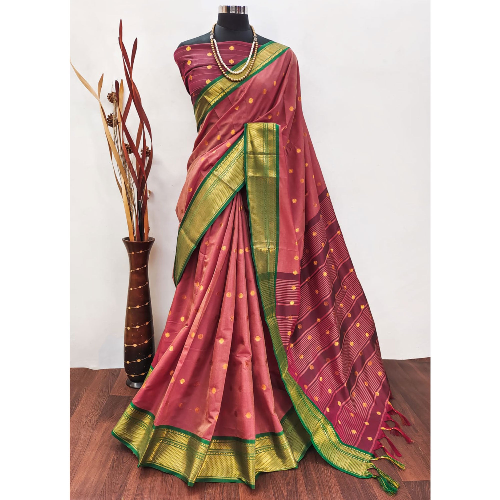 Peach Zari Woven Lichi Art Silk Saree With Tassels