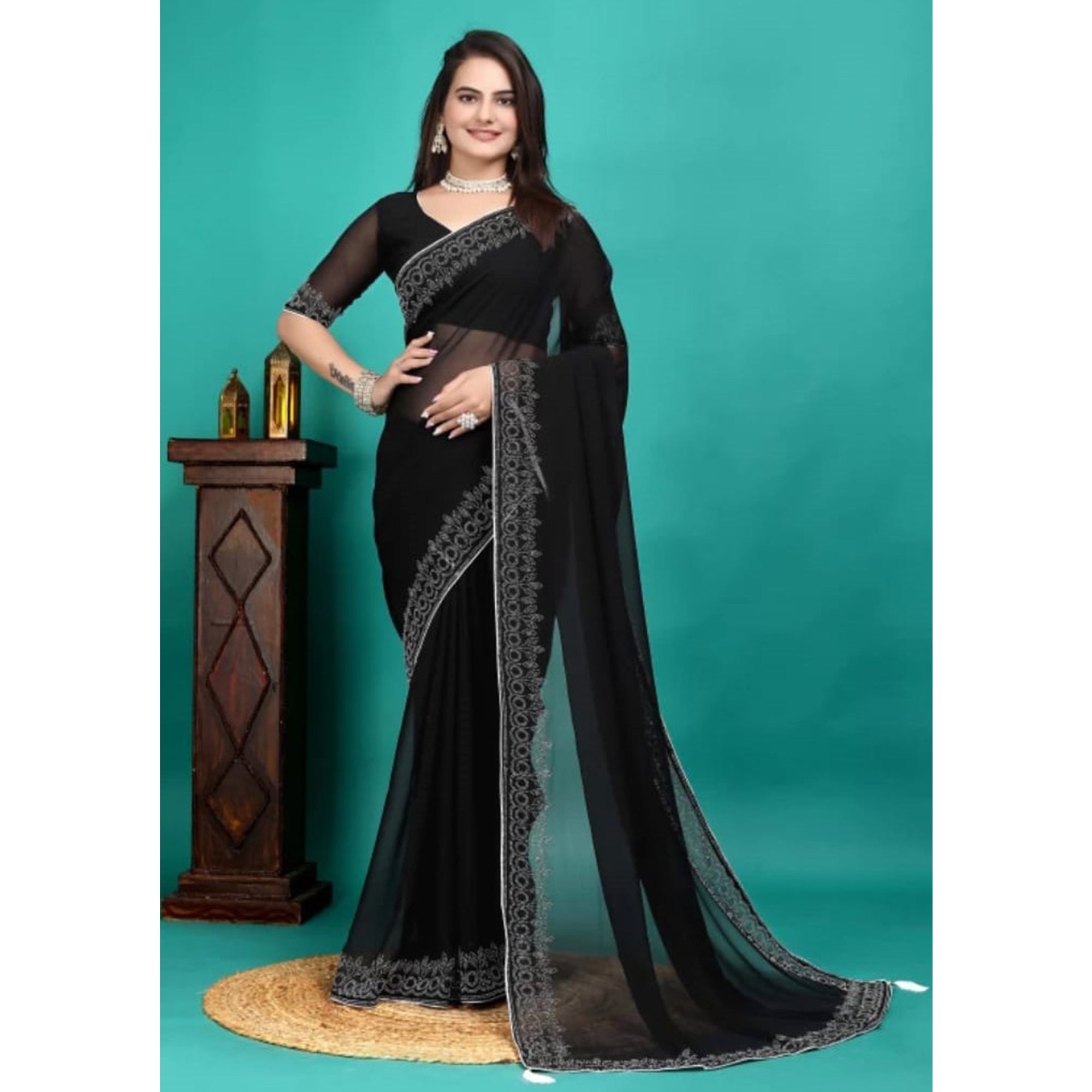 Black Swarovski Work Embroidered Georgette Saree