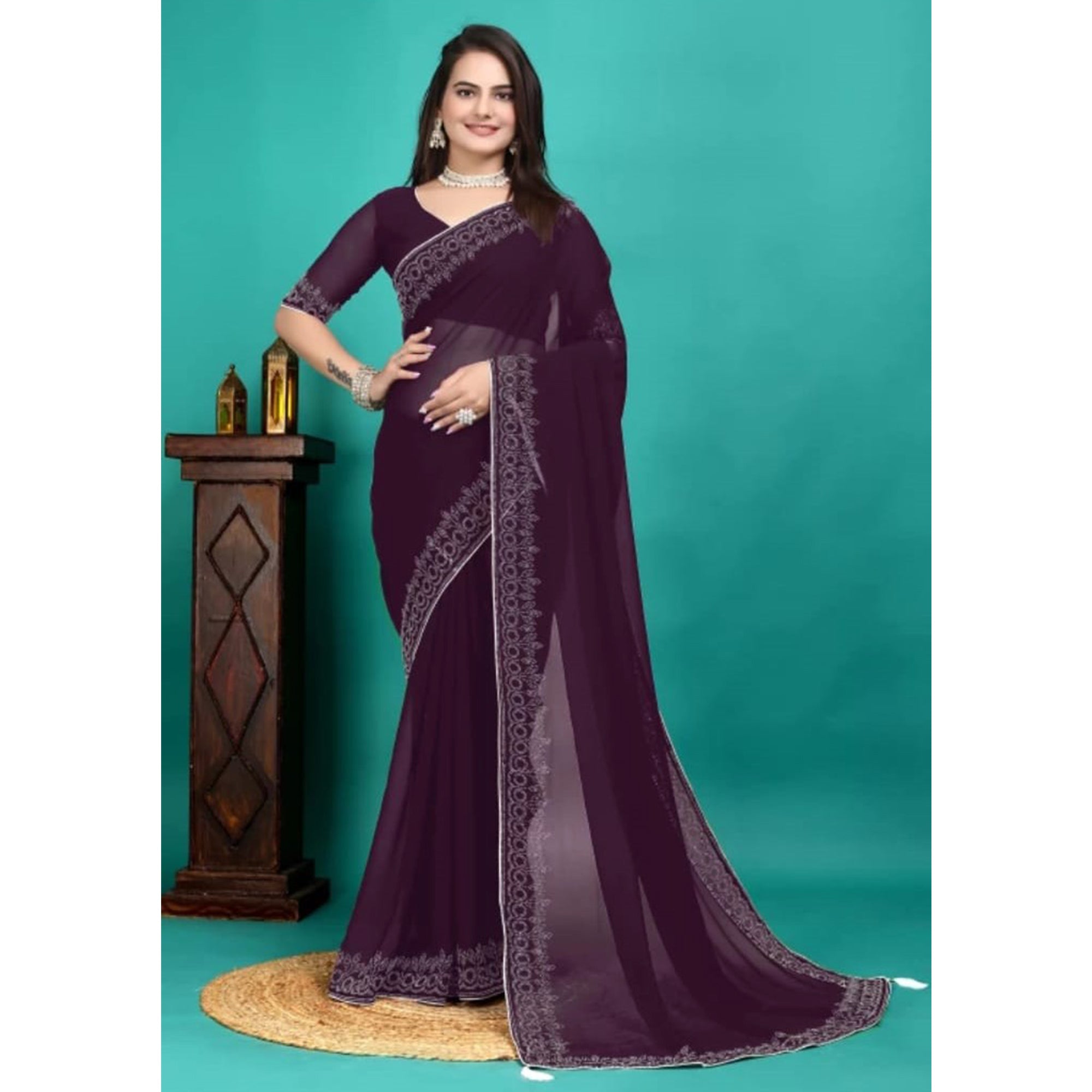 Purple Swarovski Work Embroidered Georgette Saree