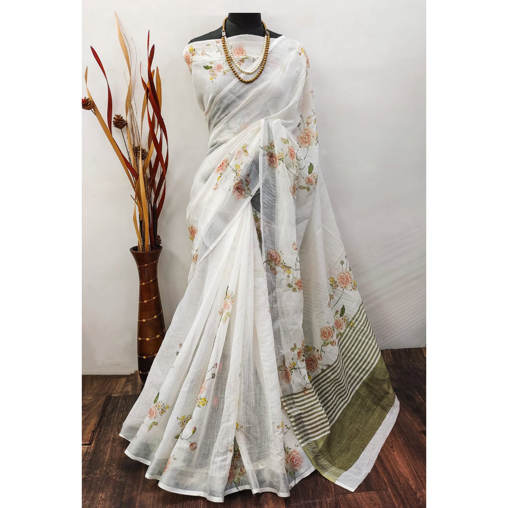 White Floral Digital Printed Linen Saree