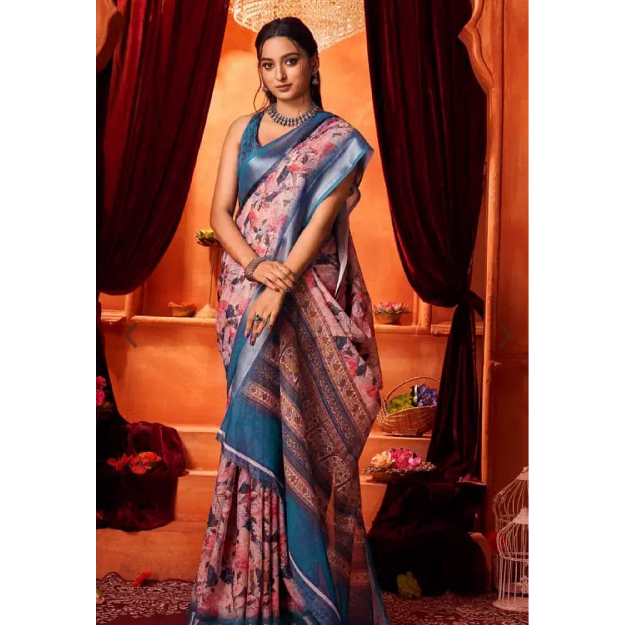 Peach & Blue Floral Printed Linen Saree