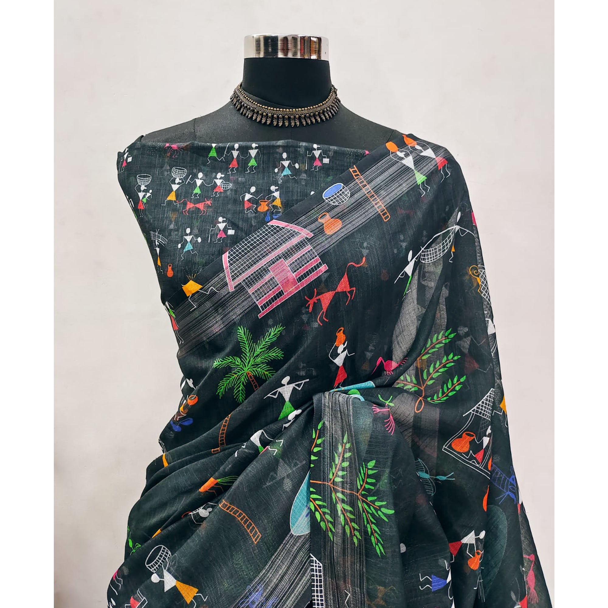 Black Digital Printed Linen Saree