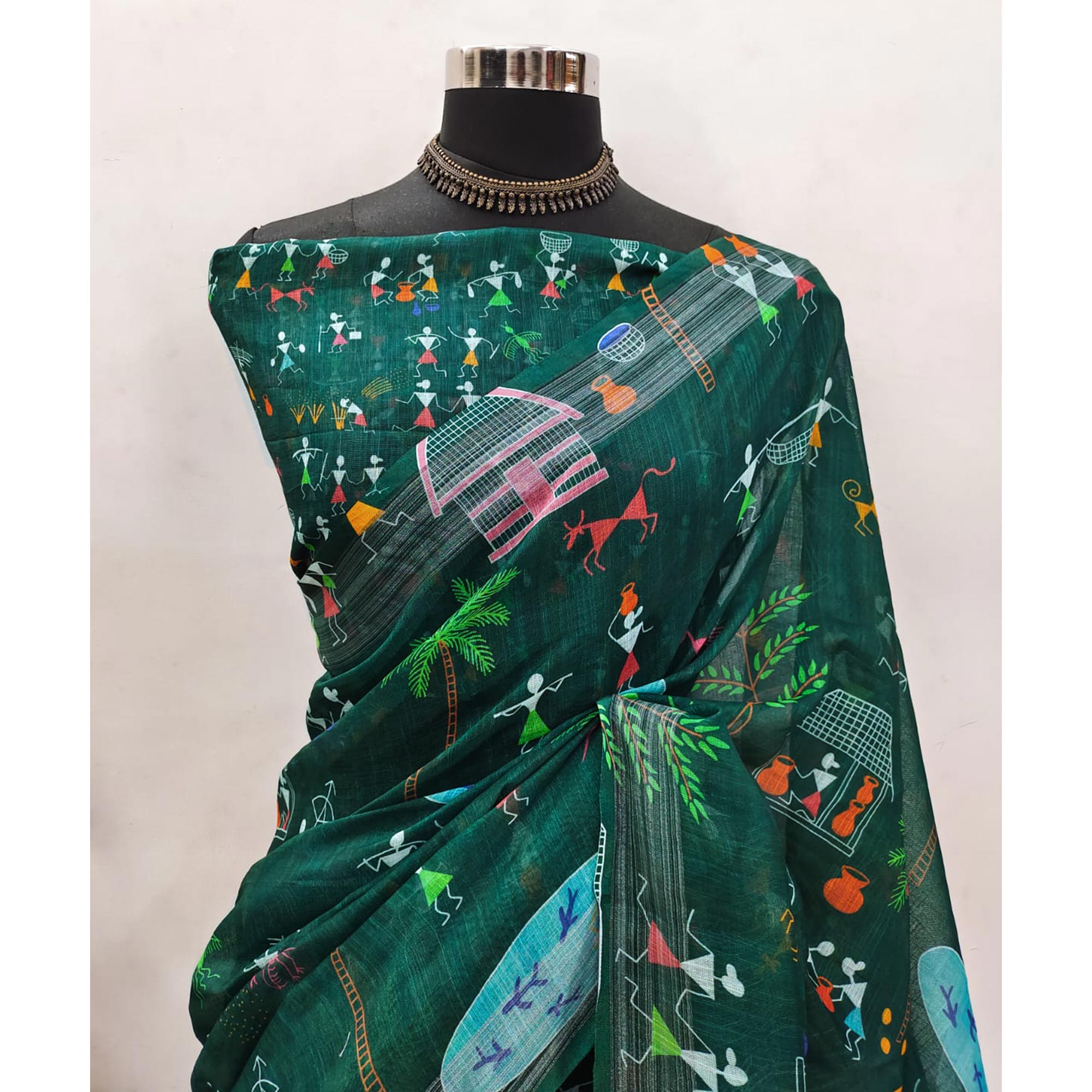 Green Digital Printed Linen Saree