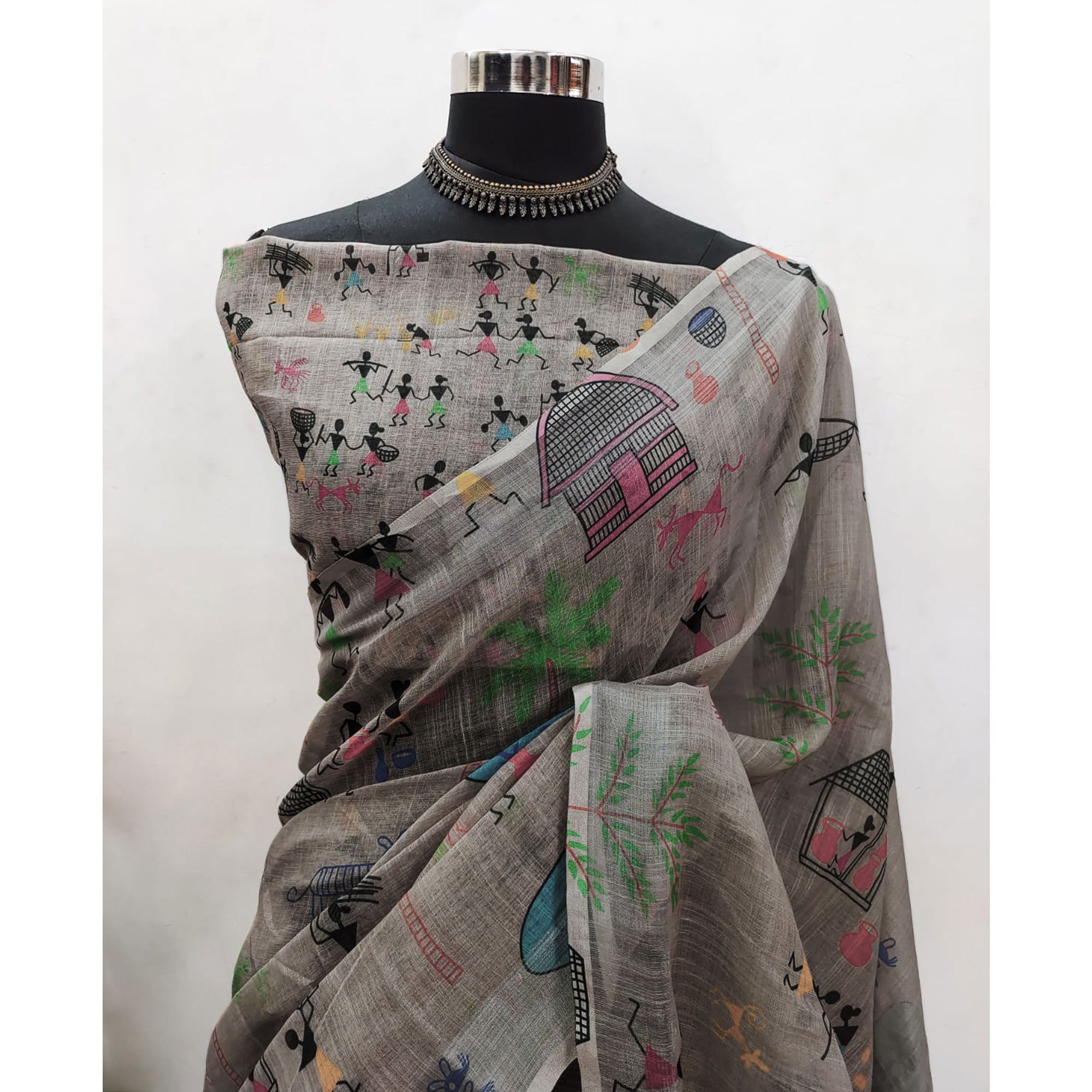 Grey Digital Printed Linen Saree