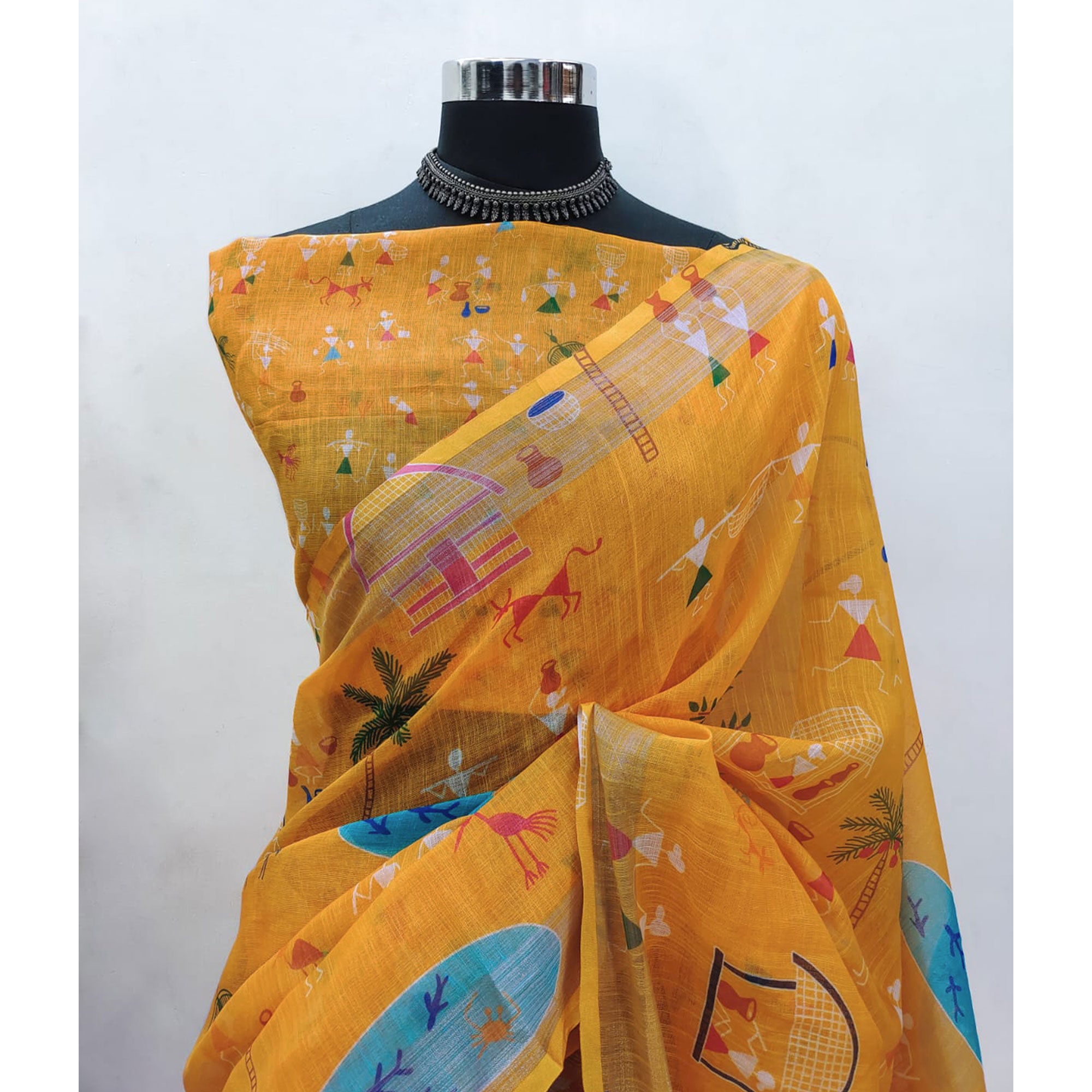 Yellow Digital Printed Linen Saree