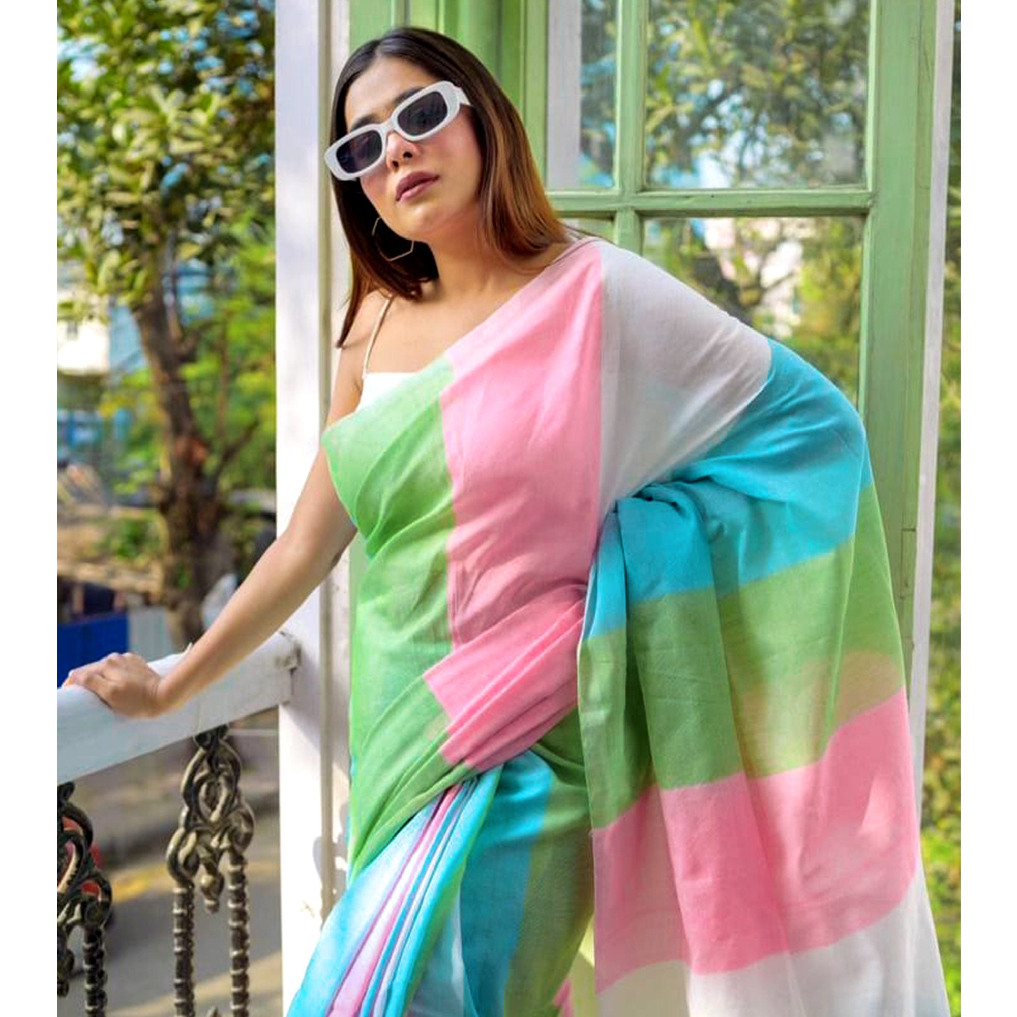 Multicolor Striped Printed Linen Saree