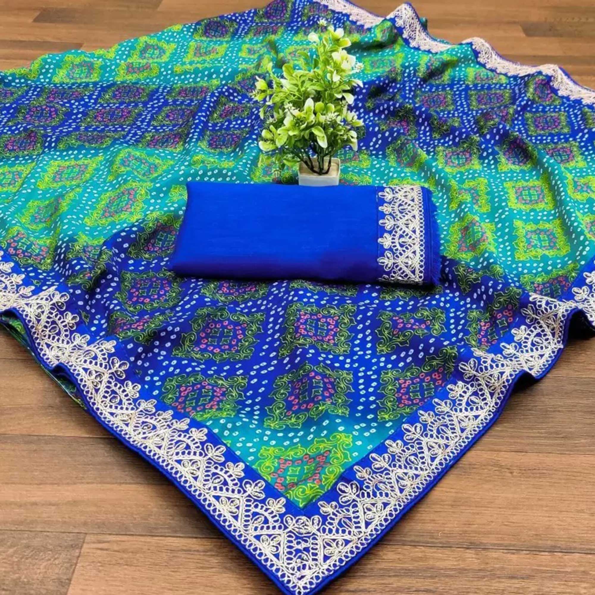 Blue & Turquoise Bandhani Printed Chinon Saree