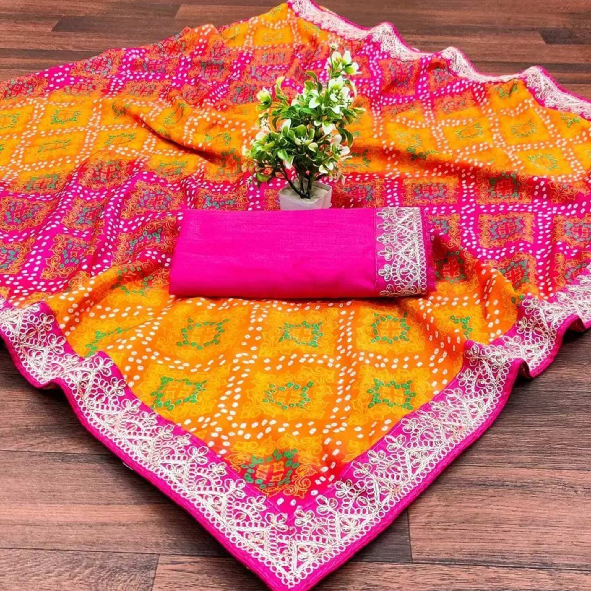Pink & Orange Bandhani Printed Chinon Saree
