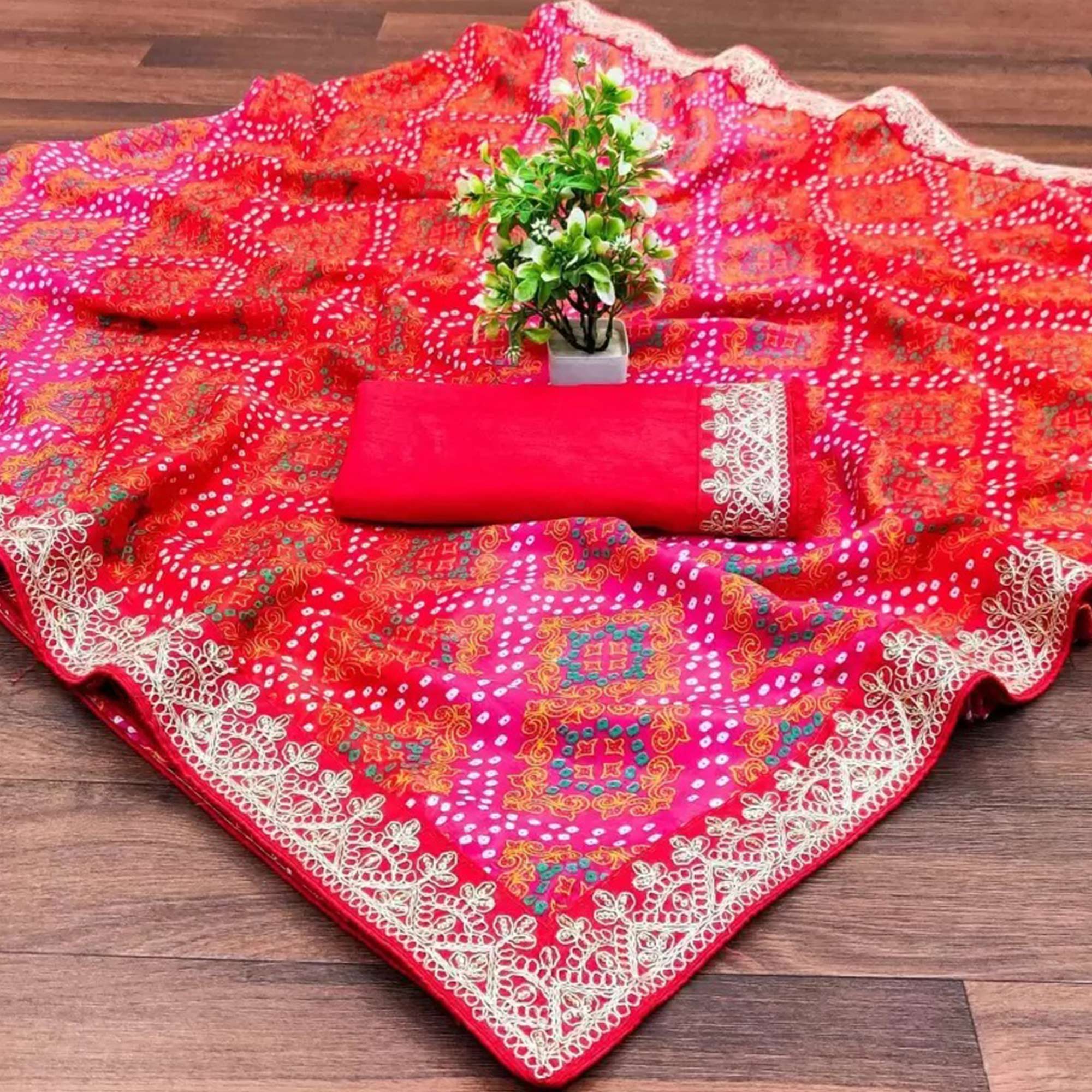 Red Bandhani Printed Chinon Saree