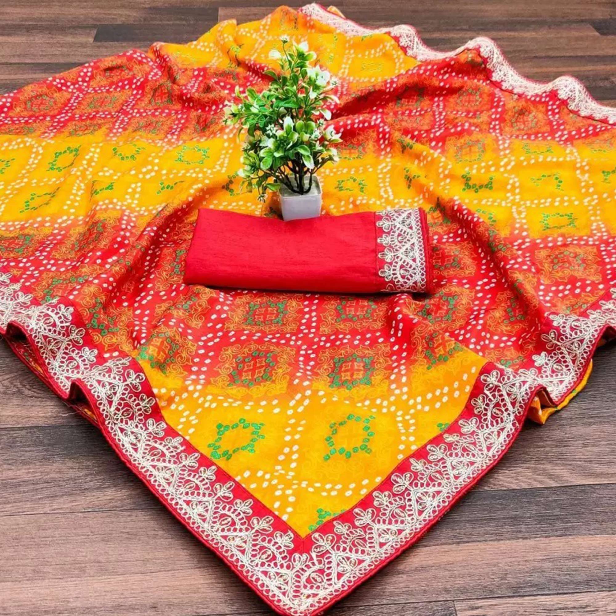 Red & Orange Bandhani Printed Chinon Saree