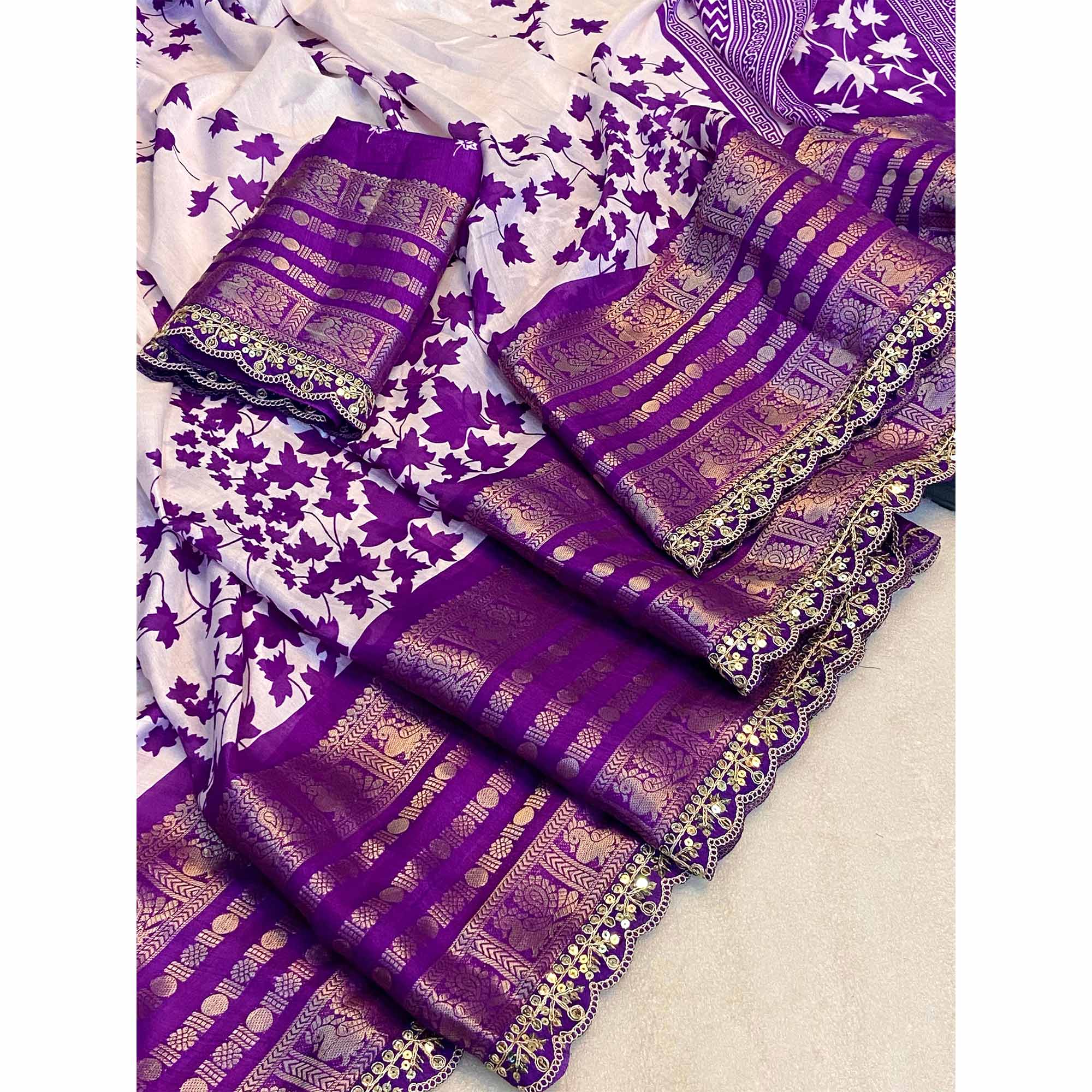 Purple & White Floral Printed Dola Silk Saree With Woven Border