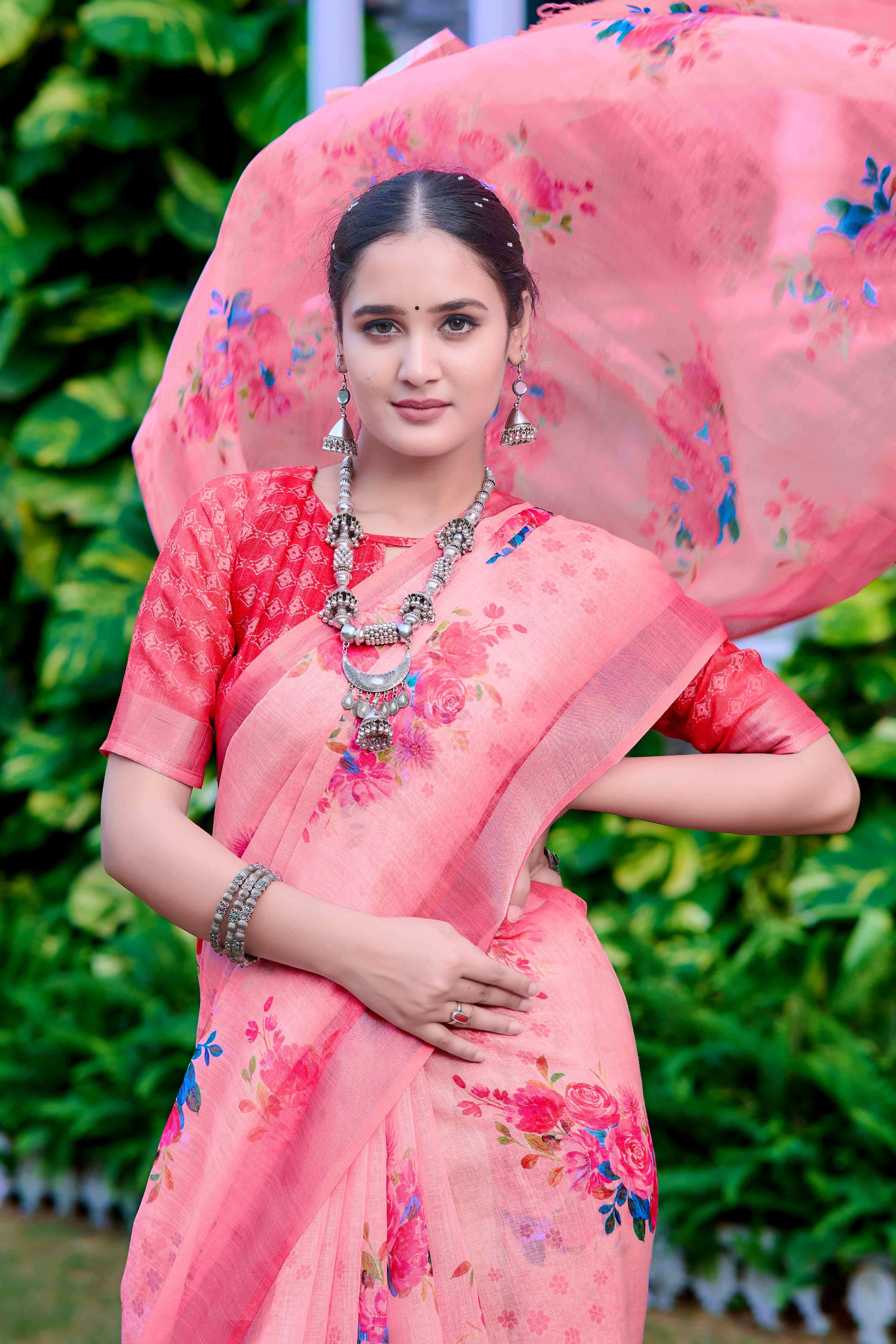 Peach Floral Printed Linen Saree