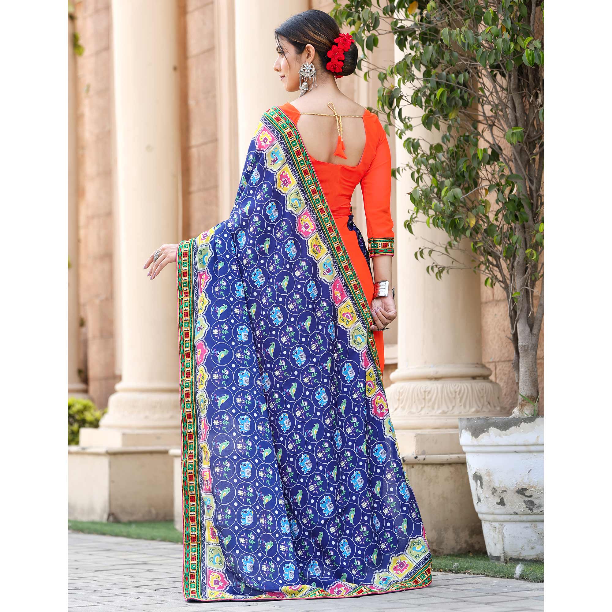 Orange & Blue Patola Print With Embroidered Georgette Half & Half Saree